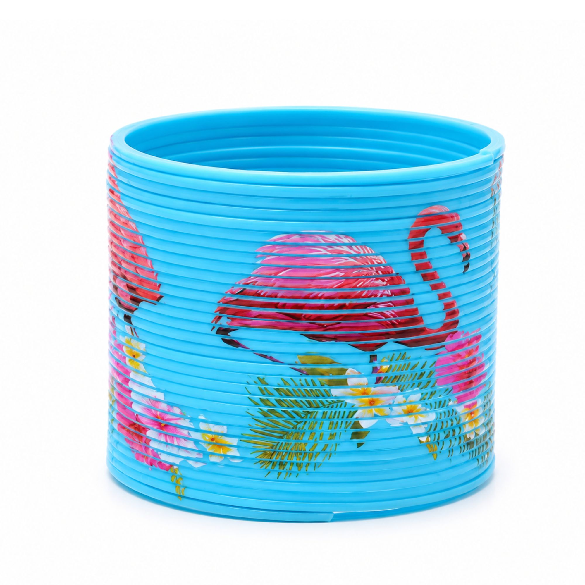 A bright blue ribbed plastic cup featuring a tropical flamingo and floral pattern, shown on a clean white background.