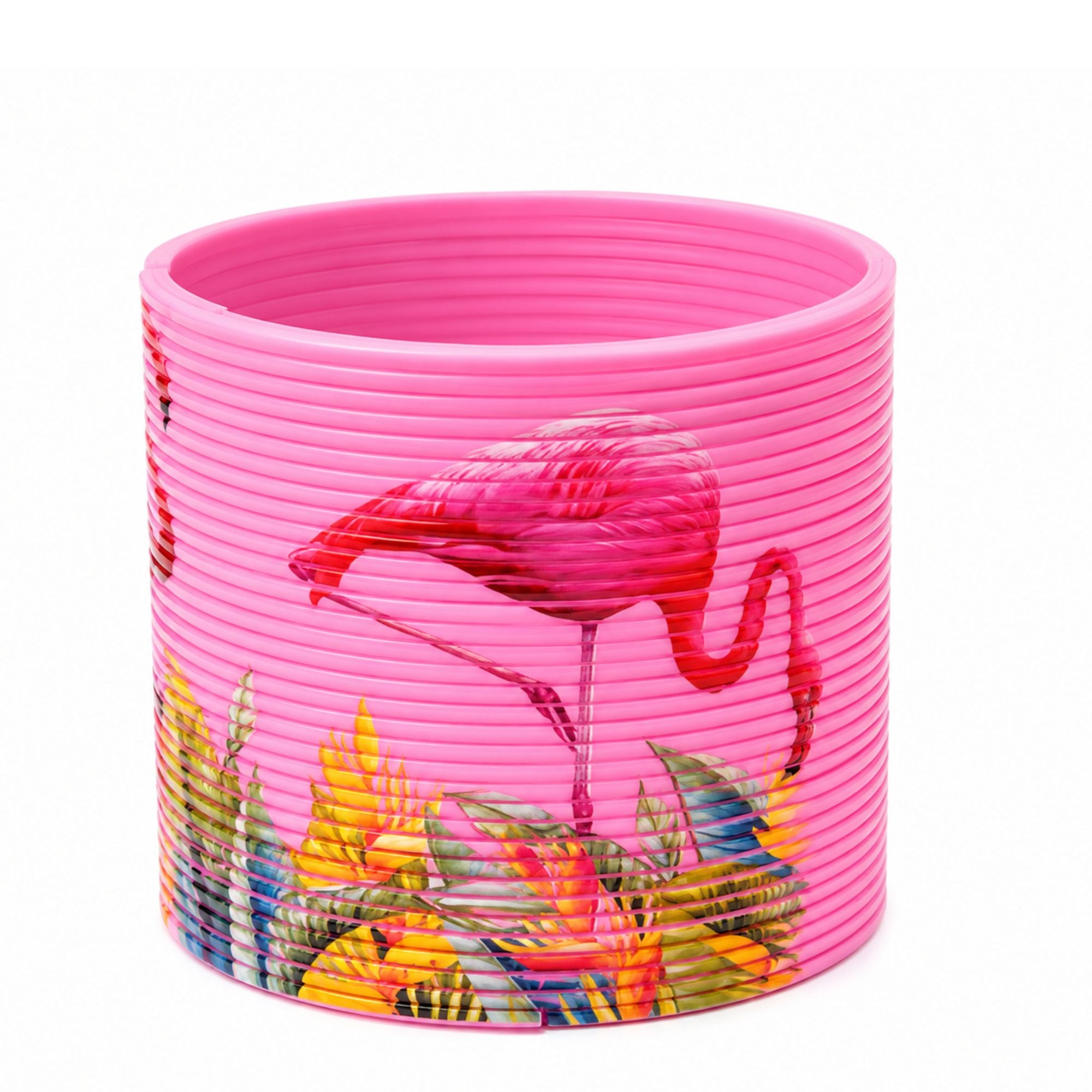 A bright pink cylindrical container with a ridged exterior and a tropical flamingo print featuring a pink flamingo and colorful palm leaves, shown on a white background.