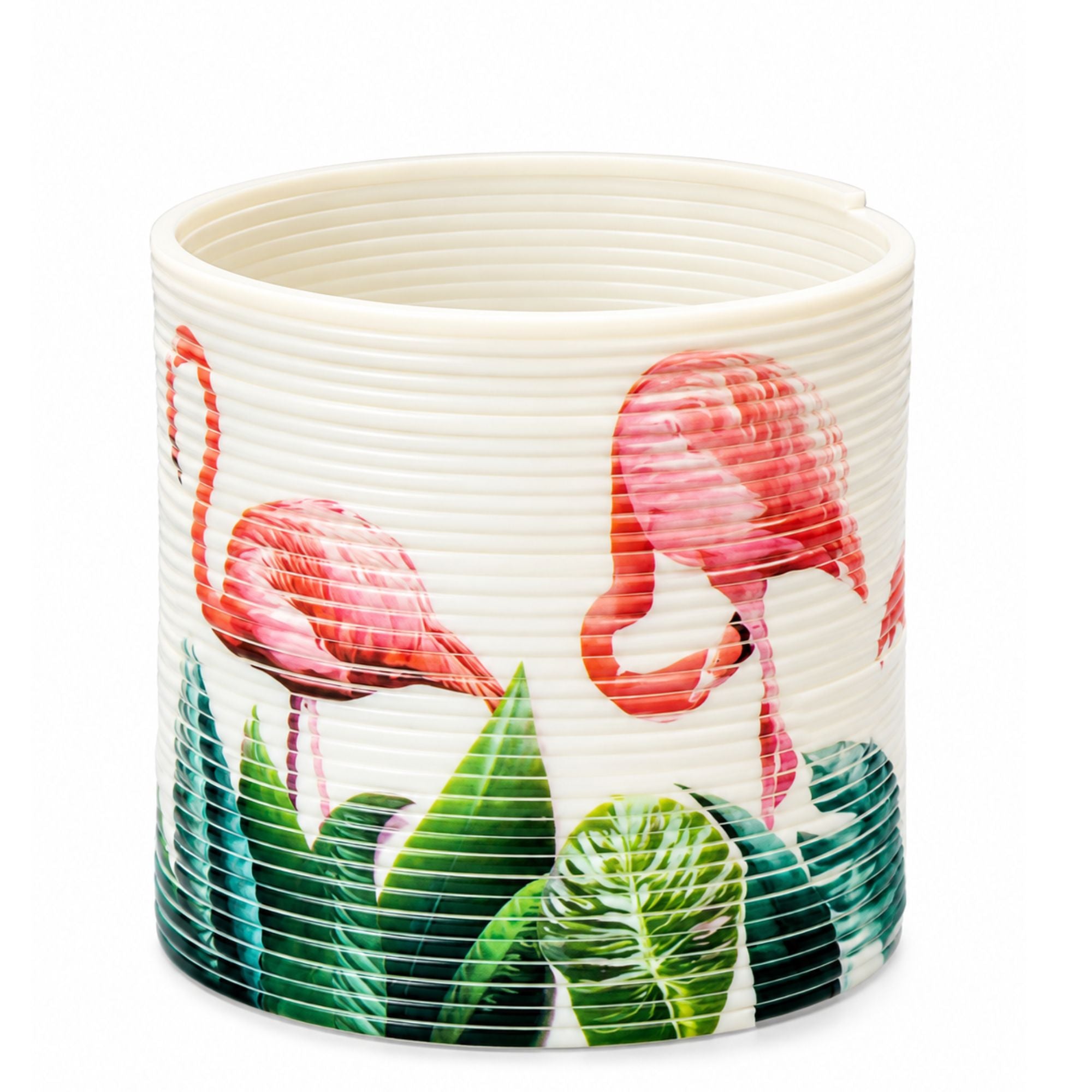 A cylindrical planter with a white ribbed exterior, decorated with a vibrant tropical print featuring pink flamingos and green palm leaves.