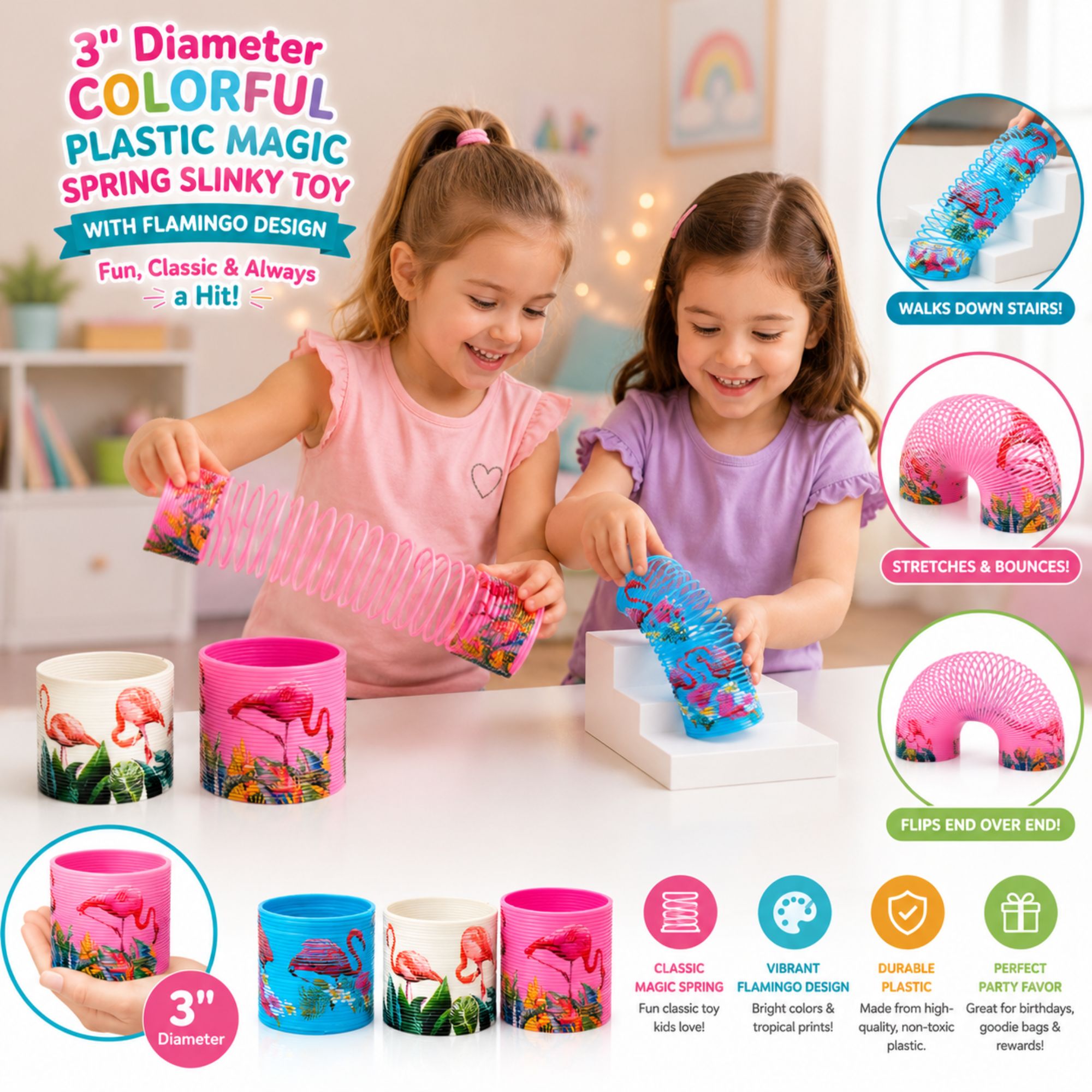 Two young girls play with a colorful plastic spring slinky toy on a white table, surrounded by product feature callouts, size information, and other flamingo-themed cups. The image is highly promotional with text overlays and circular inset graphics.