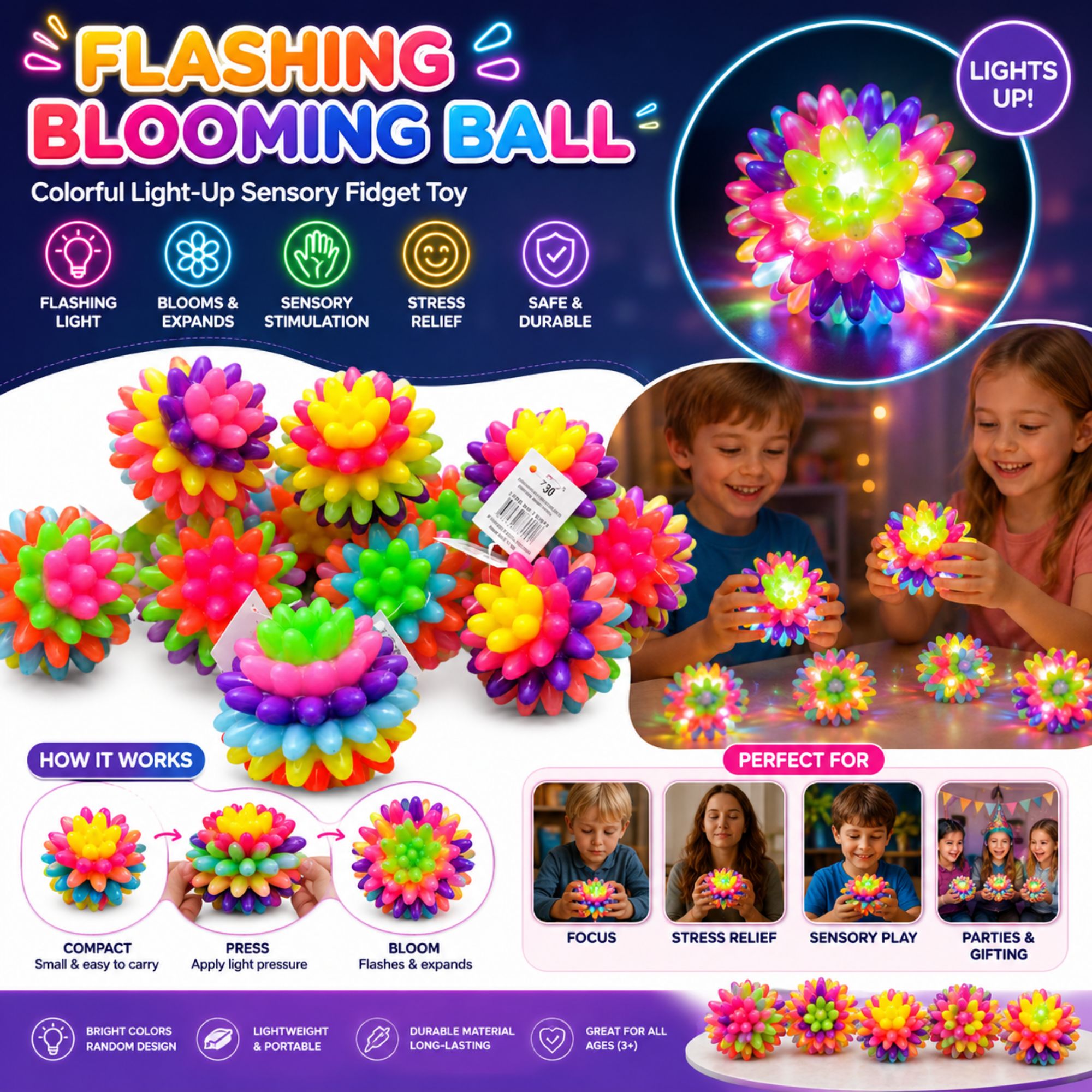 A promotional collage for a colorful light-up sensory fidget toy. The image shows many small, brightly colored flower-like balls with spiky tops, a close-up of one glowing ball, children holding two balls, and feature callouts such as 'Flashing Blooming Ball,' 'Lights Up!,' 'How It Works,' and 'Perfect for.