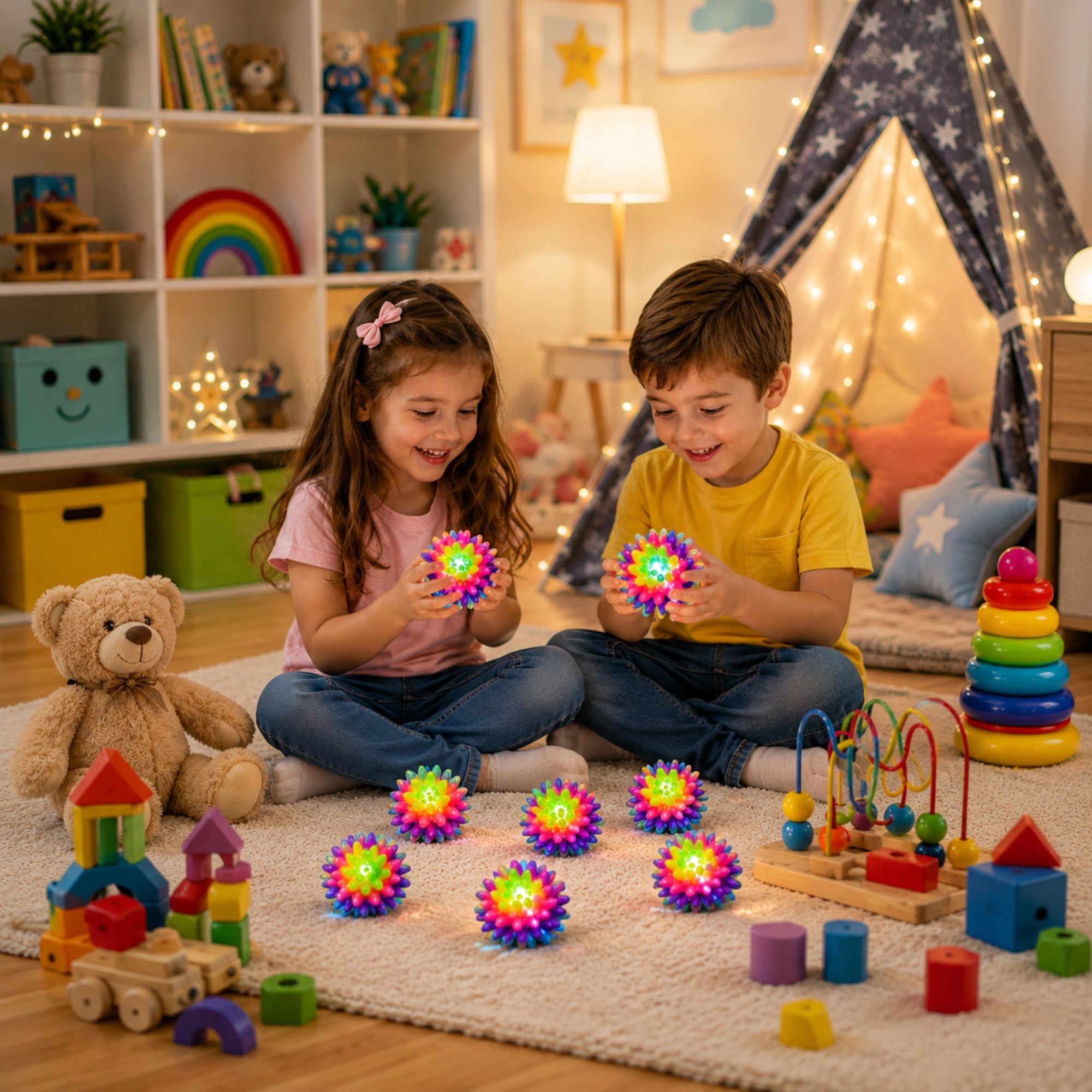 Two children sitting on a carpeted floor in a cozy, toy-filled children's room, playing with colorful, glowing magnetic toy pieces. The room is decorated with shelves, a teddy bear, a star canopy tent, and various wooden toys.