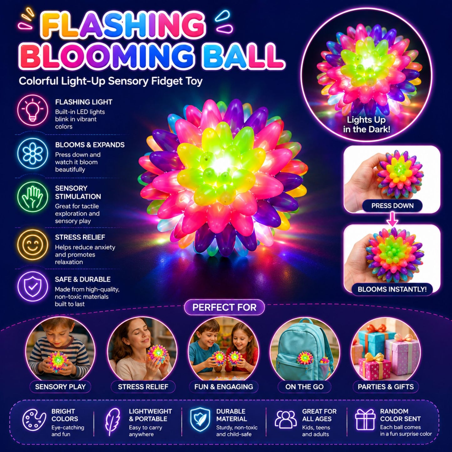 A promotional infographic for a 'Flashing Blooming Ball' sensory fidget toy. The center shows the colorful ball glowing with multicolor LED lights.