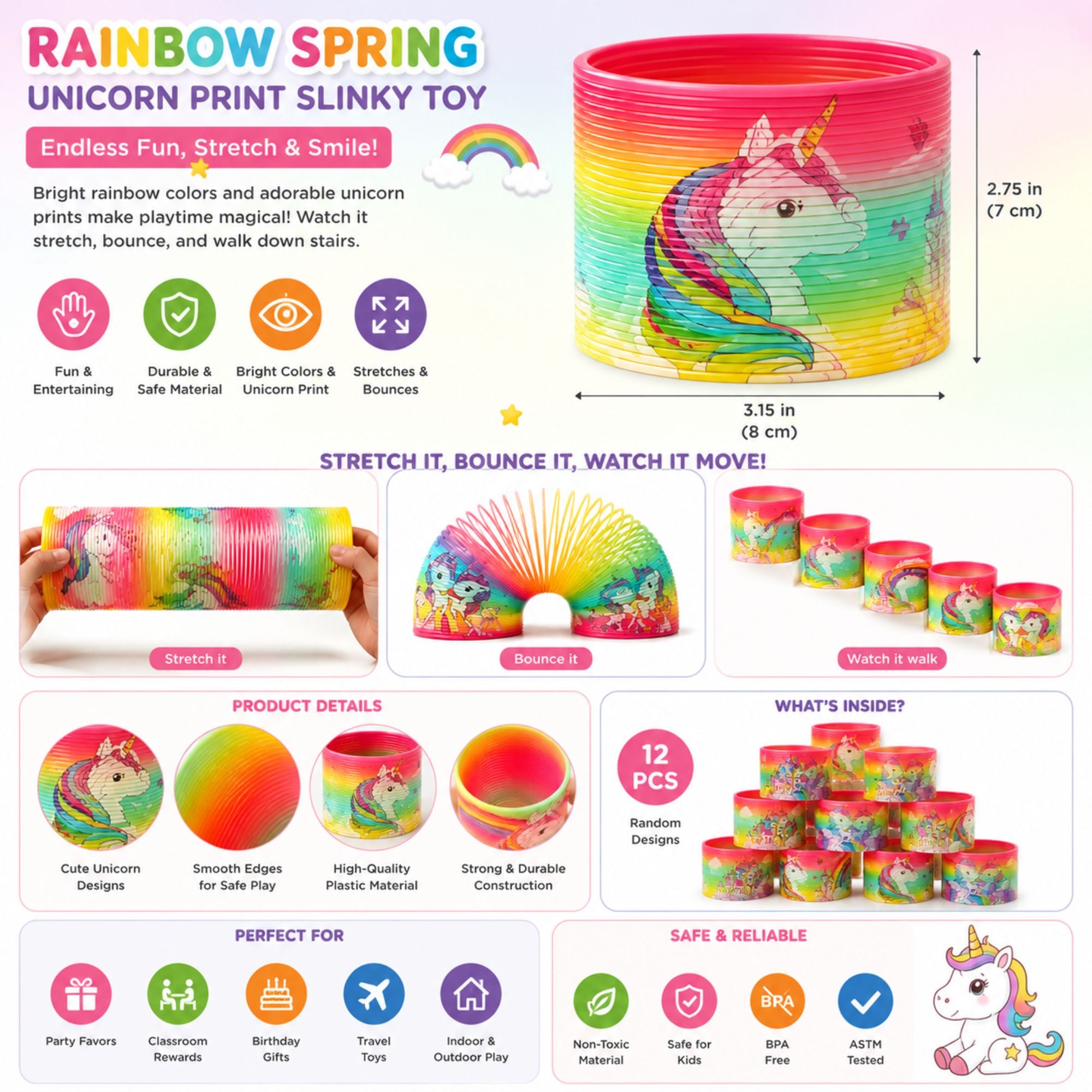 Rainbow spring unicorn print slinky toy set shown on a white background with product details, dimensions, usage instructions, and packaging counts. The toy consists of colorful plastic rings that stretch into rainbow shapes, with unicorn-themed packaging and illustrations.
