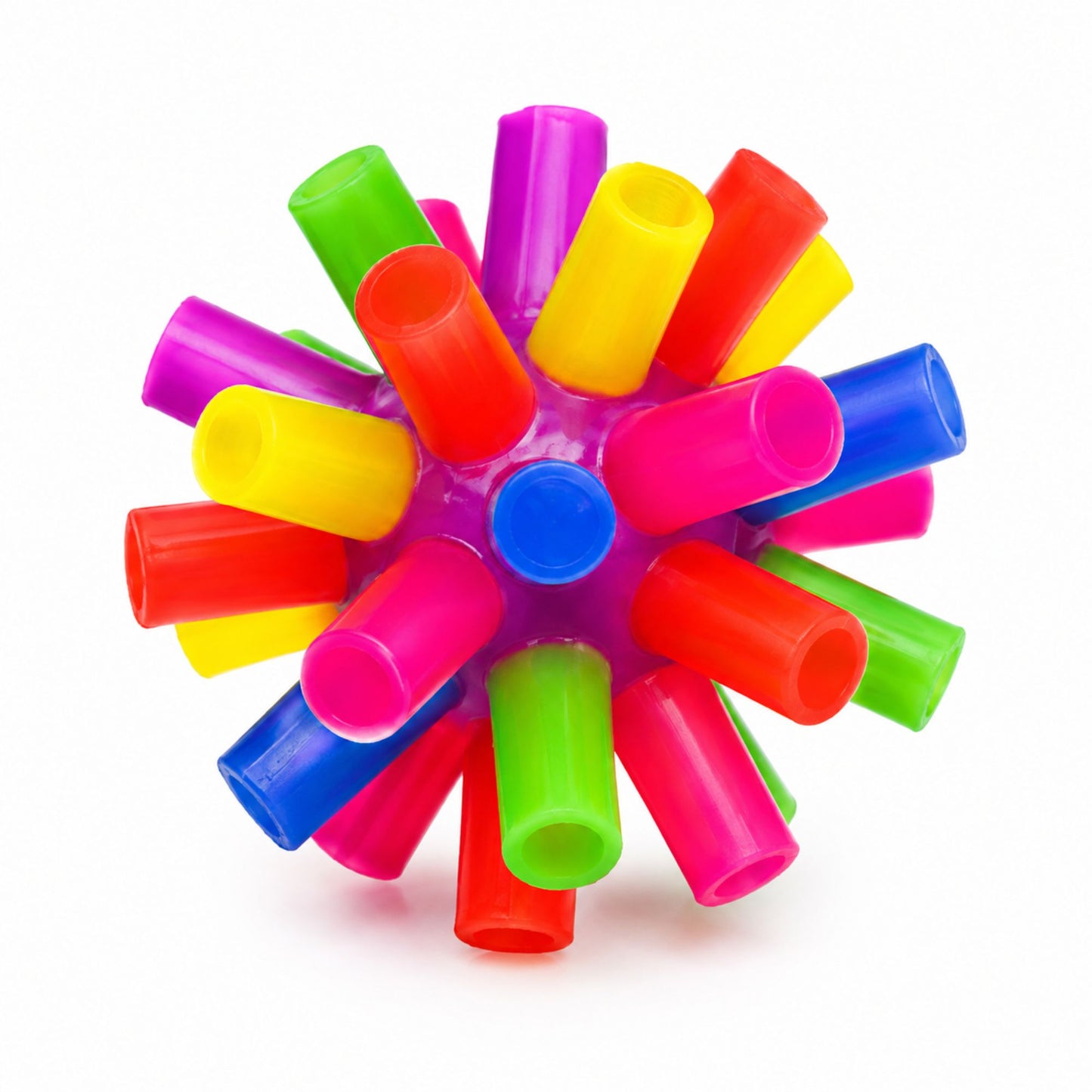 A colorful plastic sensory ball toy with multiple bright neon-colored cylindrical spikes radiating from a central hub, shown on a clean white background.