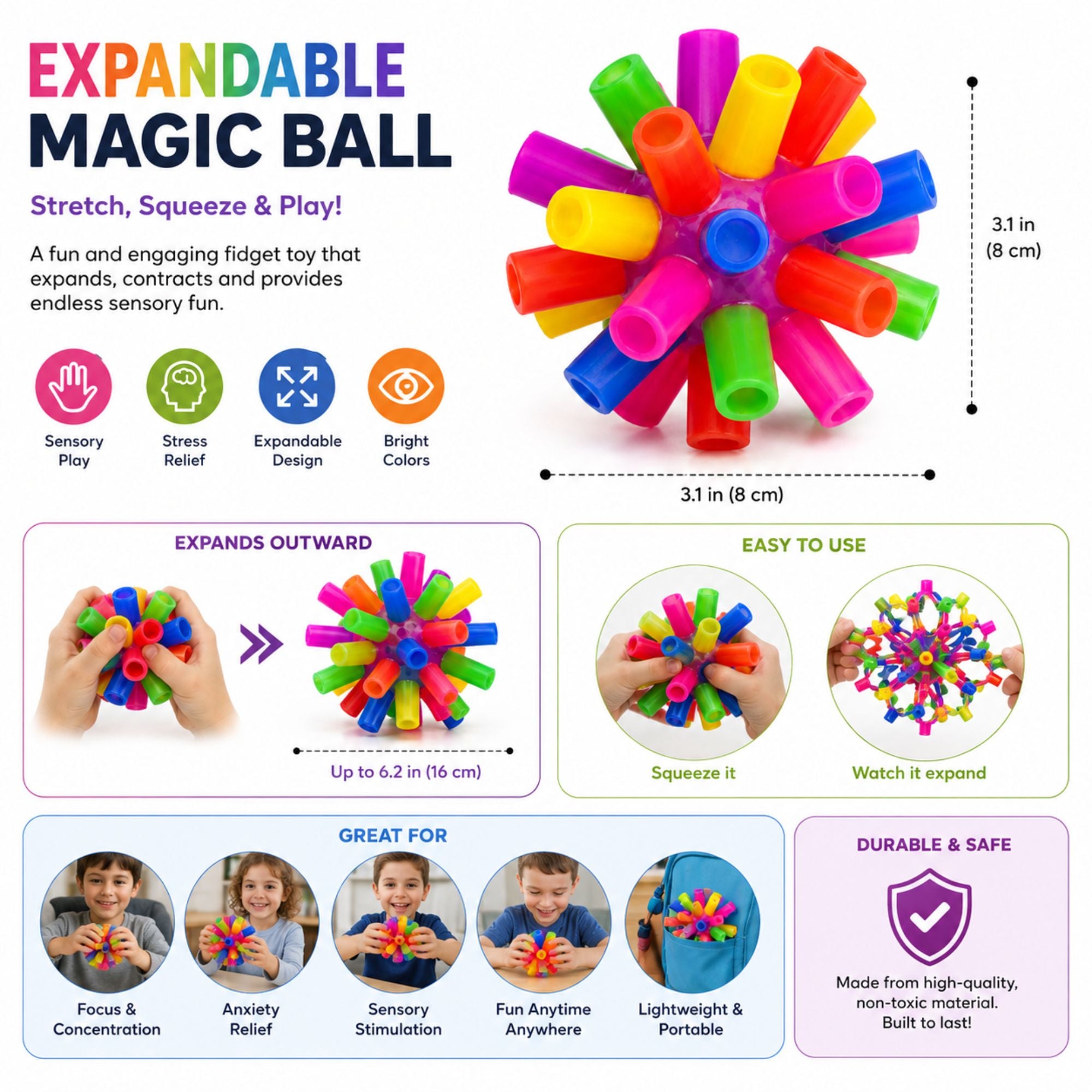 An infographic for an expandable magic ball fidget toy, showing the product in its expanded state, its dimensions, and several demonstration panels showing hands squeezing and expanding the toy. The text highlights sensory play, stress relief, expandable design, and bright colors.