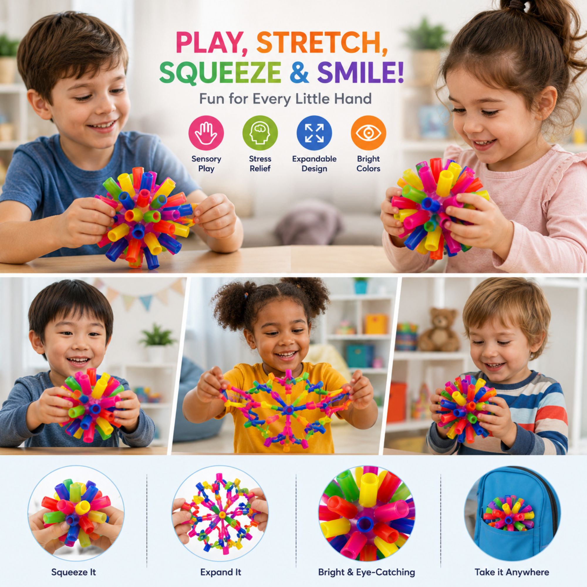 A children's sensory toy made of colorful plastic tubes, shown being played with by several kids in a bright indoor setting. The collage includes feature callouts such as sensory play, stress relief, expandable design, bright colors, squeeze it, expand it, bright and eye-catching, and take it anywhere.