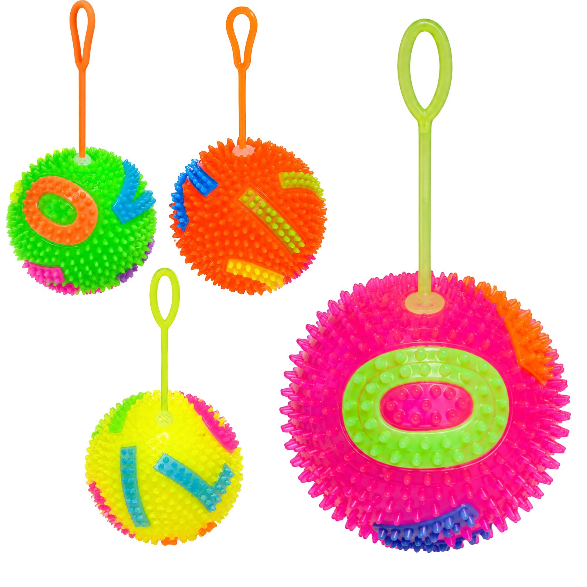 A set of colorful, spiky bouncing balls with integrated LED lights and elastic finger loops, shown on a dark reflective background with promotional text and feature icons. The main ball spells 'O L V' and glows with rainbow colors, while four smaller balls in green, orange, pink, and yellow are lined up below.