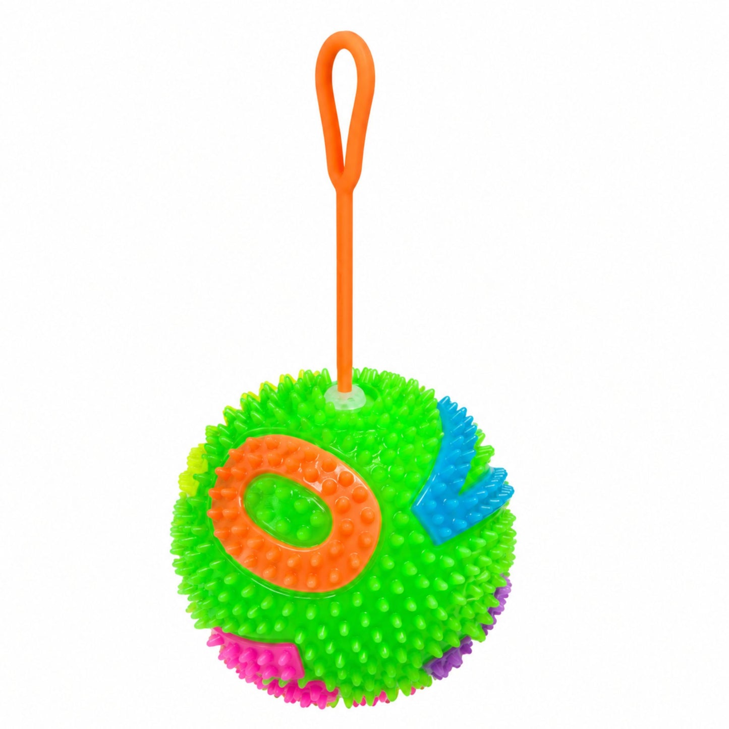 A set of colorful, spiky bouncing balls with integrated LED lights and elastic finger loops, shown on a dark reflective background with promotional text and feature icons. The main ball spells 'O L V' and glows with rainbow colors, while four smaller balls in green, orange, pink, and yellow are lined up below.