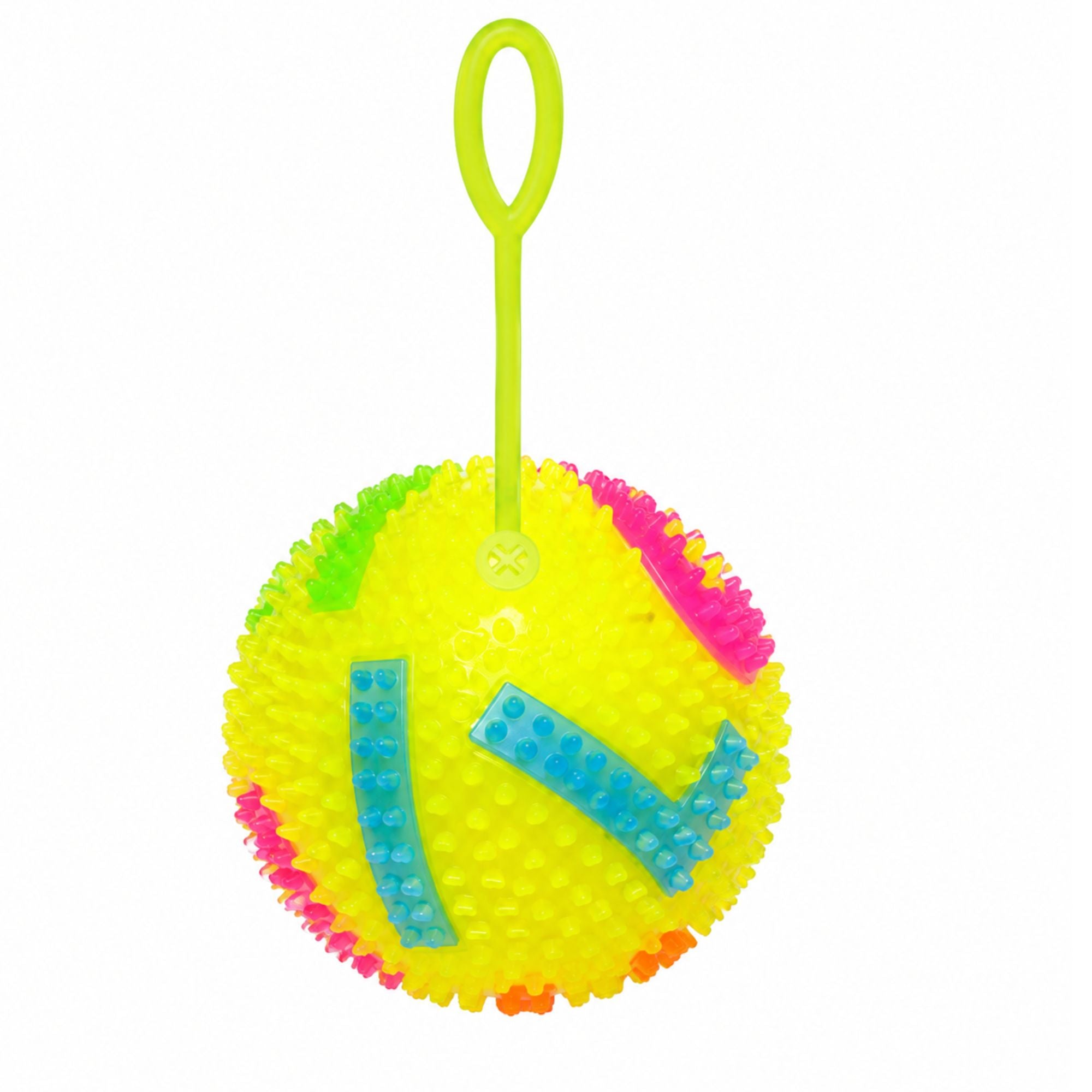 A set of colorful, spiky bouncing balls with integrated LED lights and elastic finger loops, shown on a dark reflective background with promotional text and feature icons. The main ball spells 'O L V' and glows with rainbow colors, while four smaller balls in green, orange, pink, and yellow are lined up below.