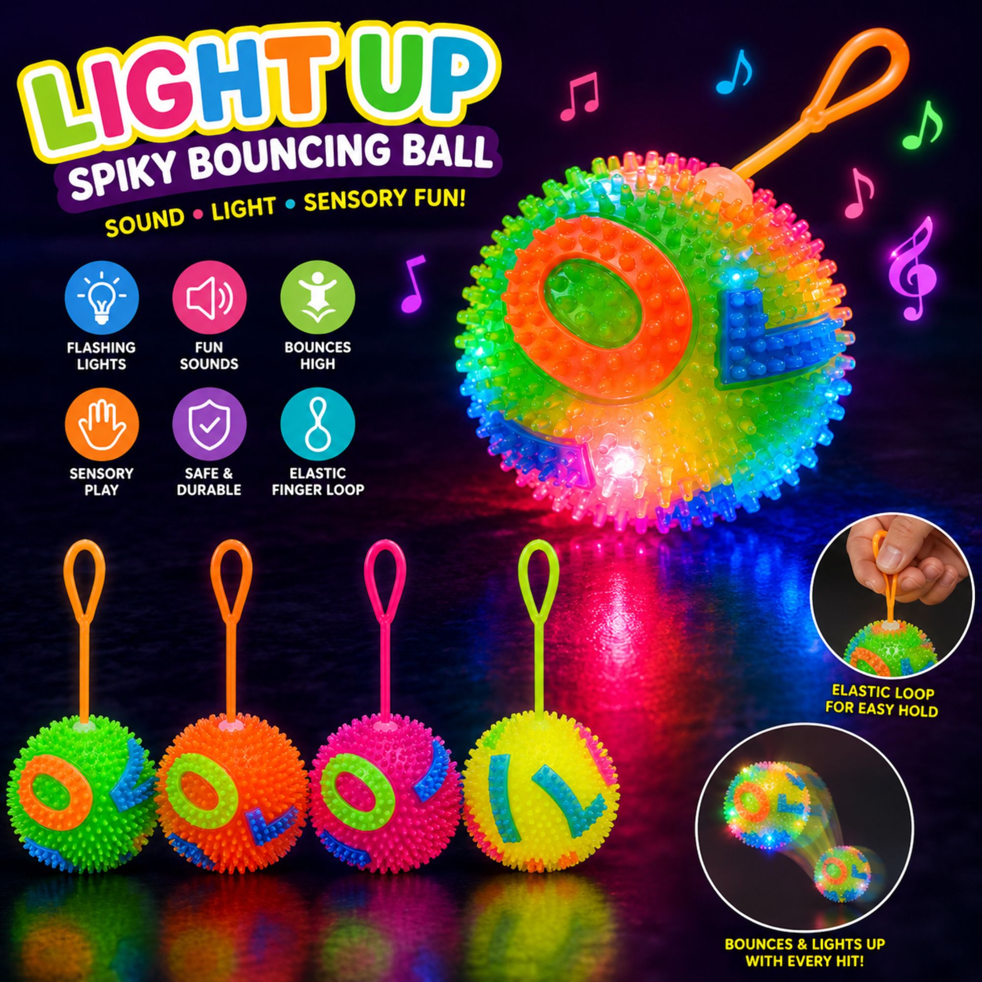 A set of colorful, spiky bouncing balls with integrated LED lights and elastic finger loops, shown on a dark reflective background with promotional text and feature icons. The main ball spells 'O L V' and glows with rainbow colors, while four smaller balls in green, orange, pink, and yellow are lined up below.