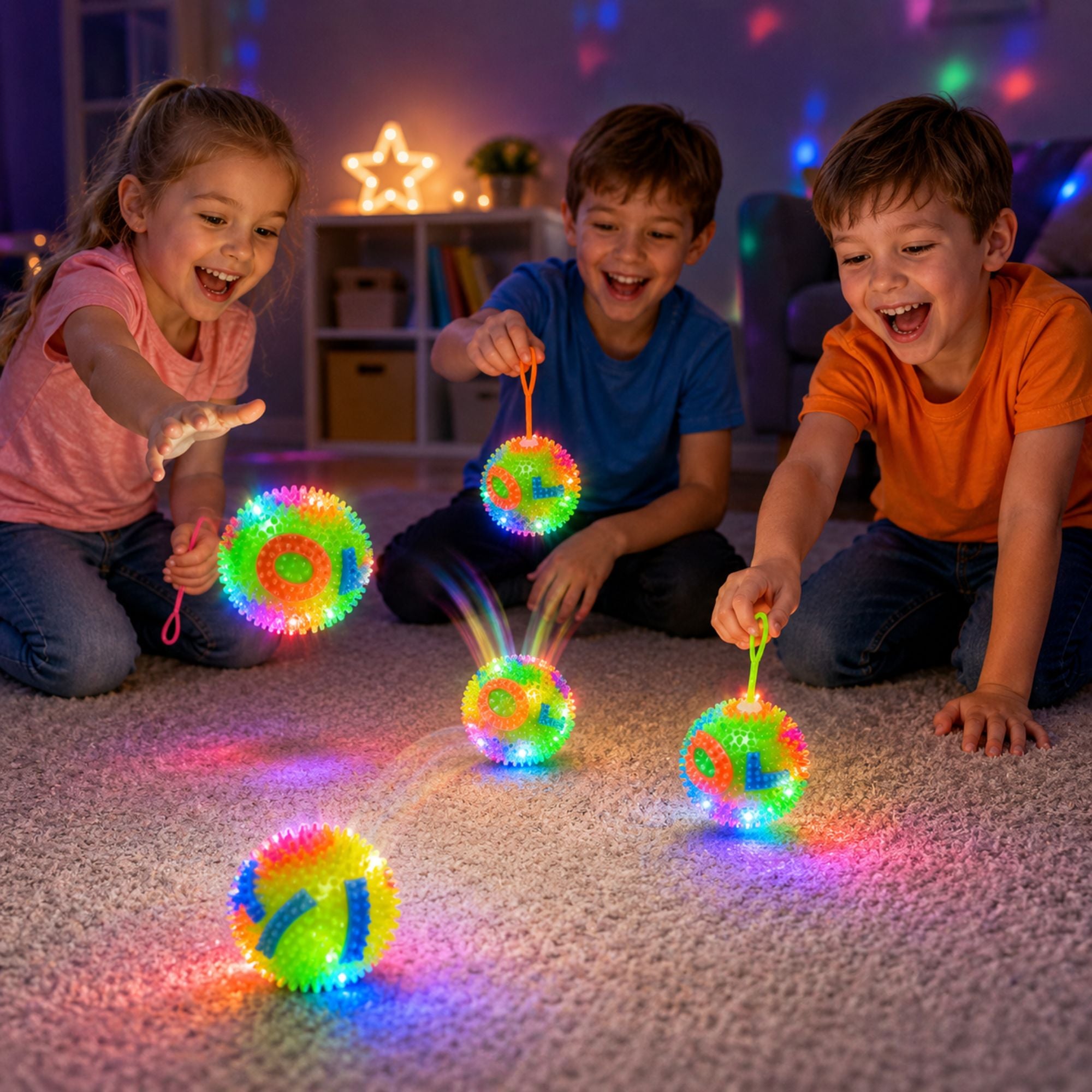A set of colorful, spiky bouncing balls with integrated LED lights and elastic finger loops, shown on a dark reflective background with promotional text and feature icons. The main ball spells 'O L V' and glows with rainbow colors, while four smaller balls in green, orange, pink, and yellow are lined up below.