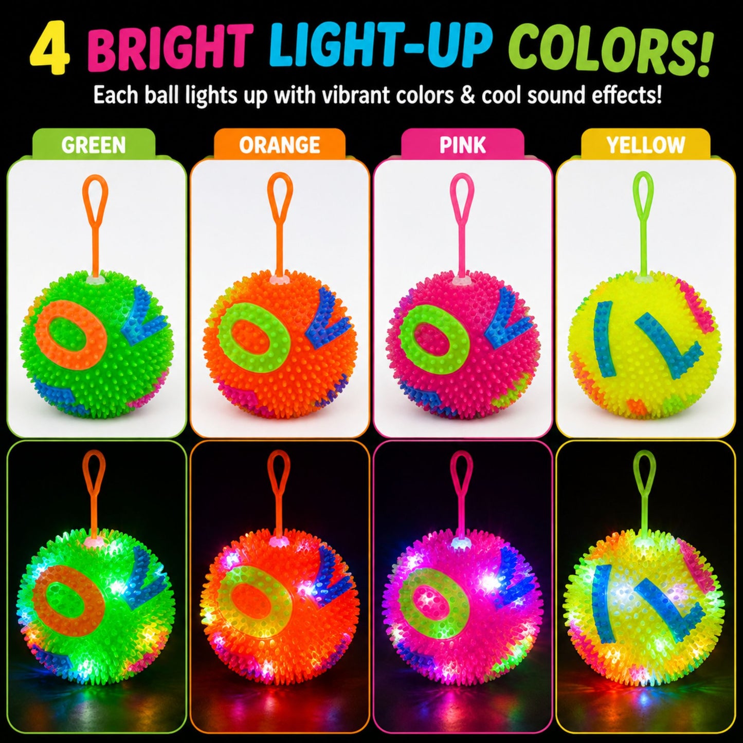 A set of colorful, spiky bouncing balls with integrated LED lights and elastic finger loops, shown on a dark reflective background with promotional text and feature icons. The main ball spells 'O L V' and glows with rainbow colors, while four smaller balls in green, orange, pink, and yellow are lined up below.