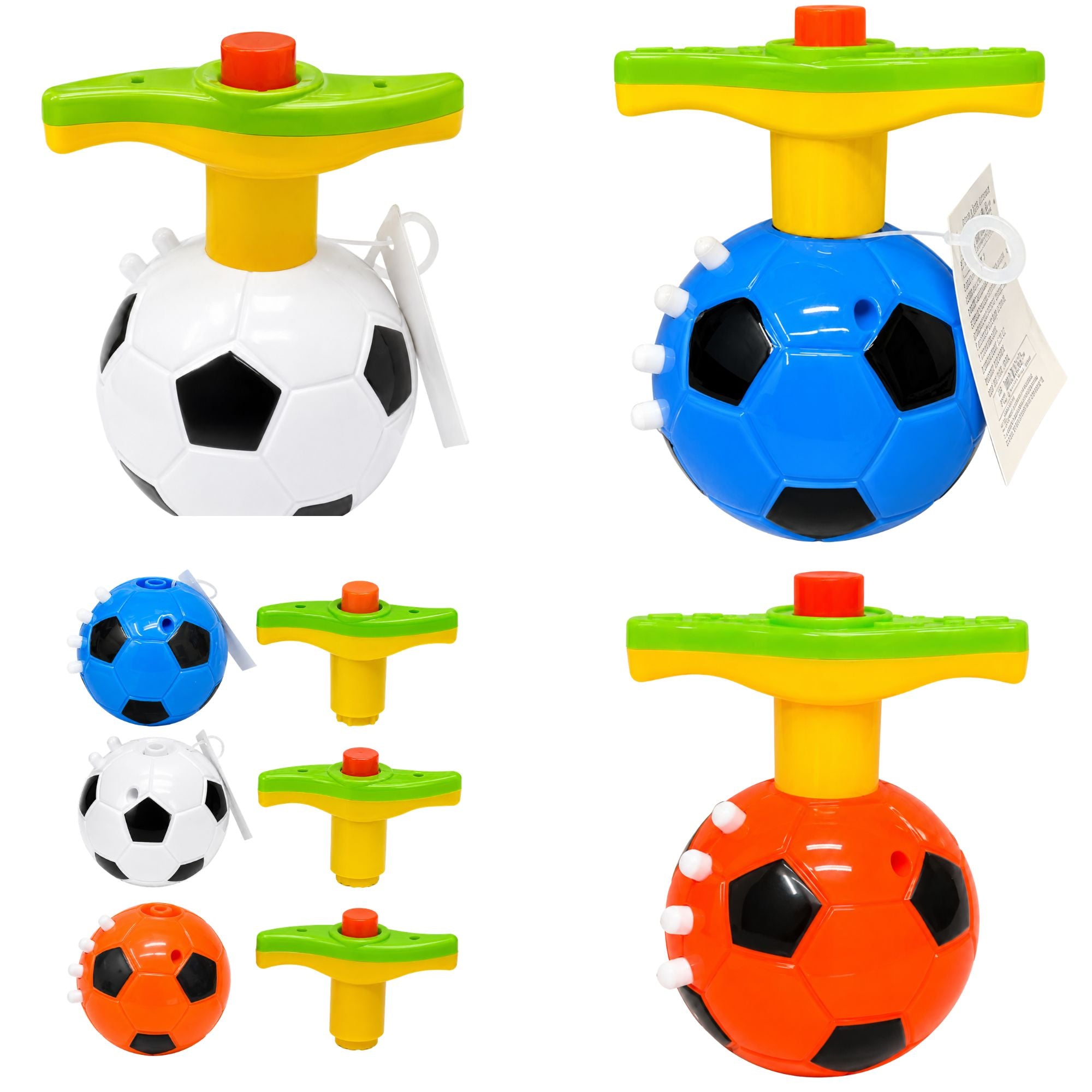 Three pairs of plastic toy soccer ball jumpers on a white background, showing both the assembled ball-and-peg version and the disassembled components.