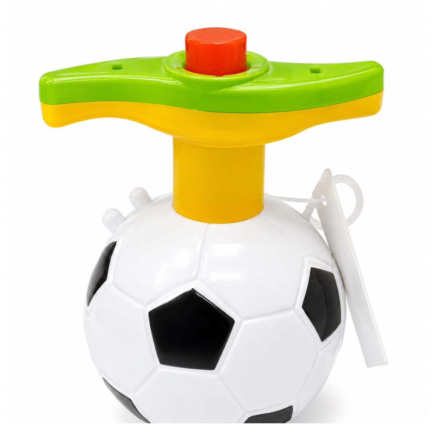 A novelty toy hand grenade designed to look like a soccer ball, featuring a white body with black pentagons, a yellow neck, a green and yellow handle, a red top button, and a white plastic lanyard.