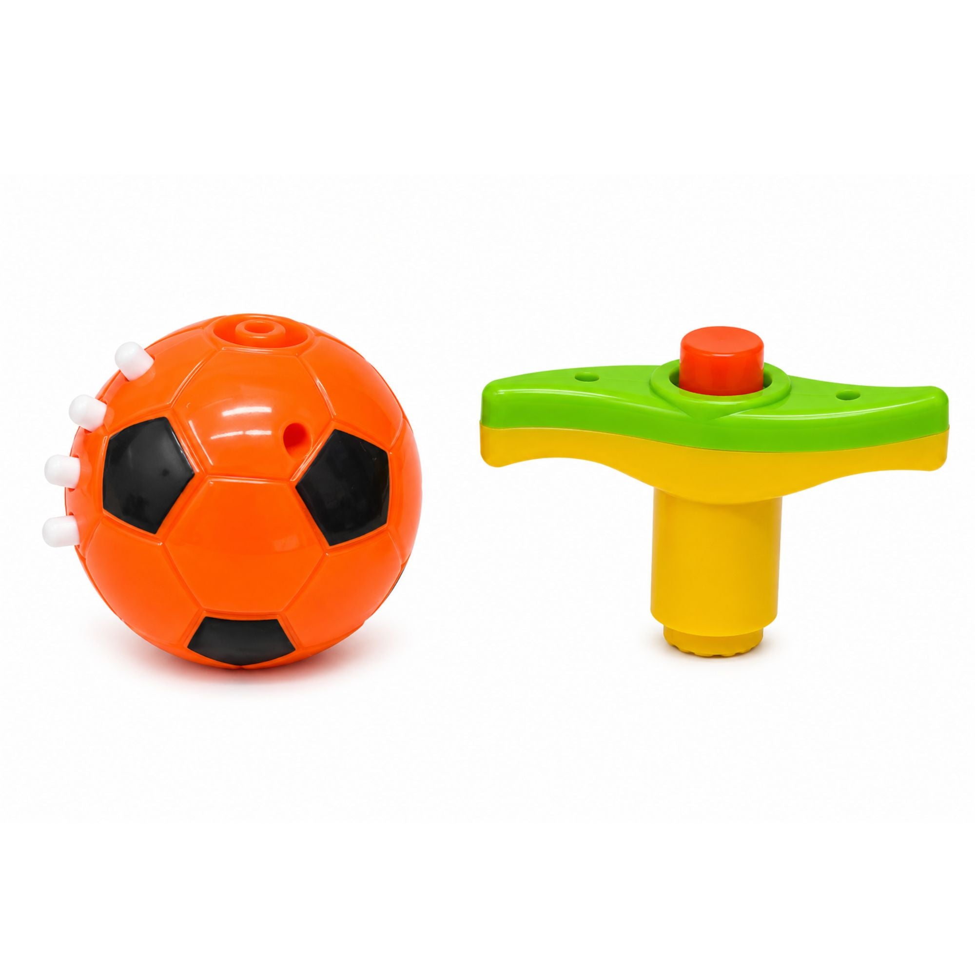 A children's plastic toy set featuring an orange soccer ball with black panels and white spikes, alongside a yellow and green T-handle tool with a red button, on a white background.