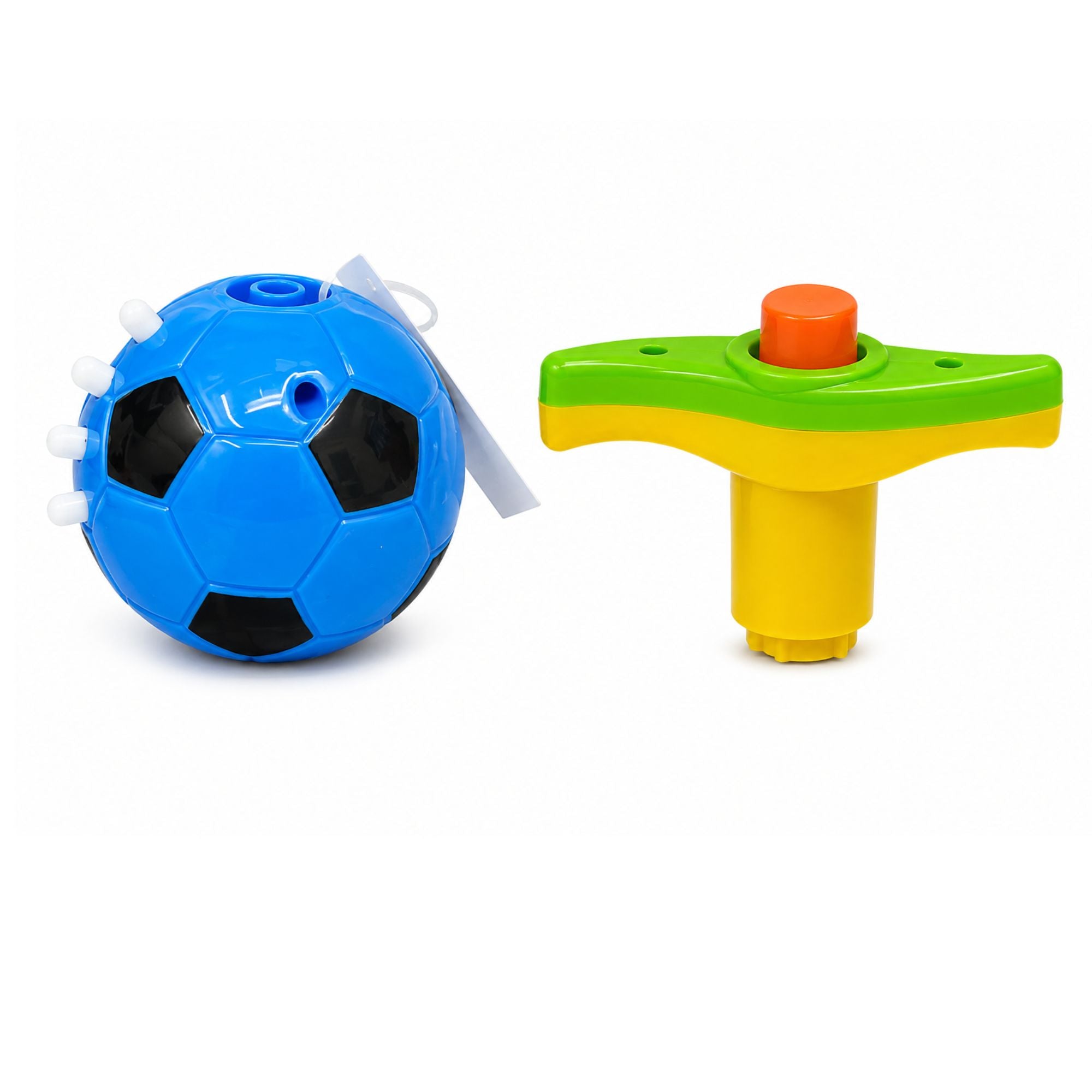 A children's plastic toy set featuring a blue soccer ball with black panels and white spiky details, alongside a yellow and green T-shaped pump with an orange top, on a white background.