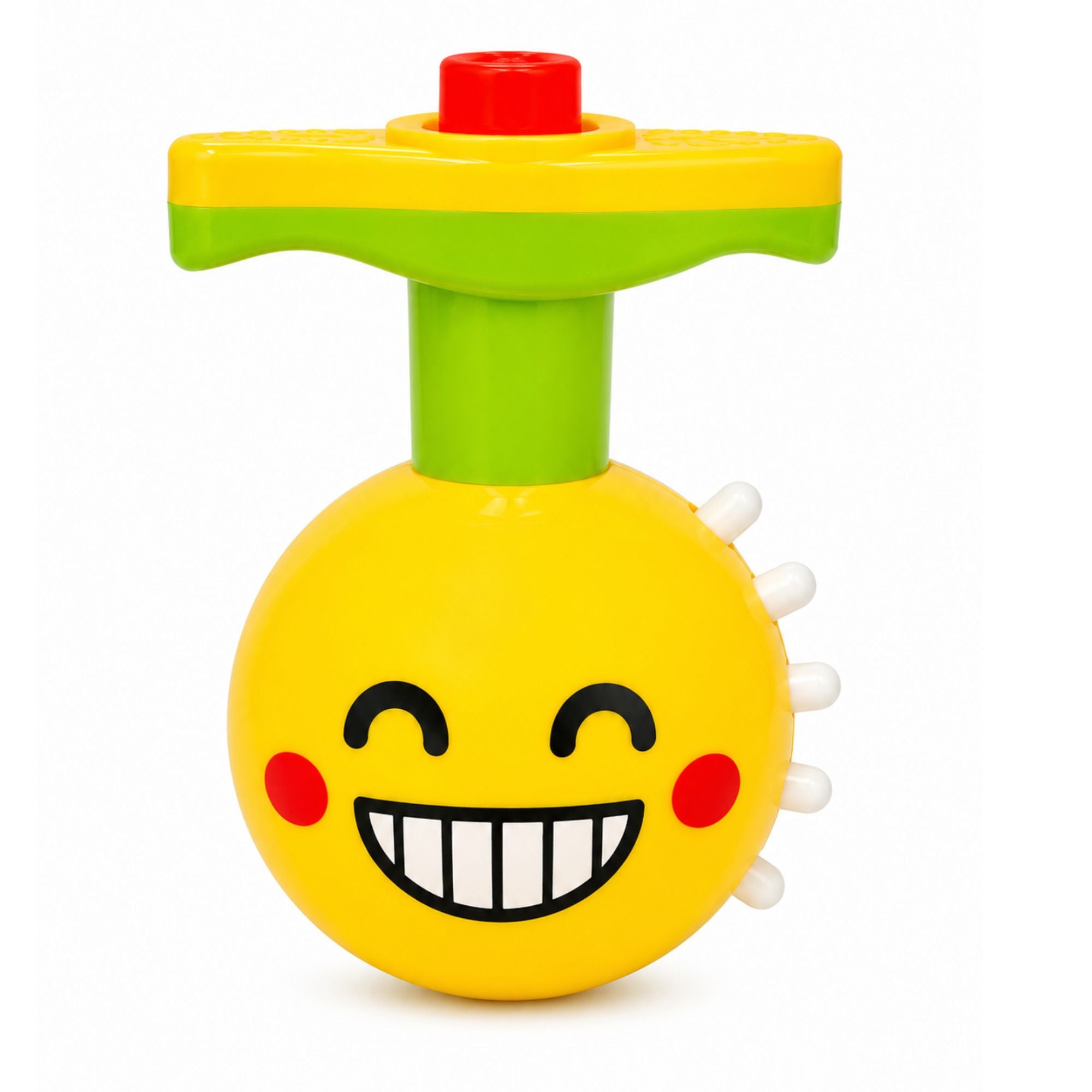 A colorful plastic baby massage toy with a smiling face on a yellow round head, a green neck, and a yellow and green handle with a red button on top, shown on a white background.