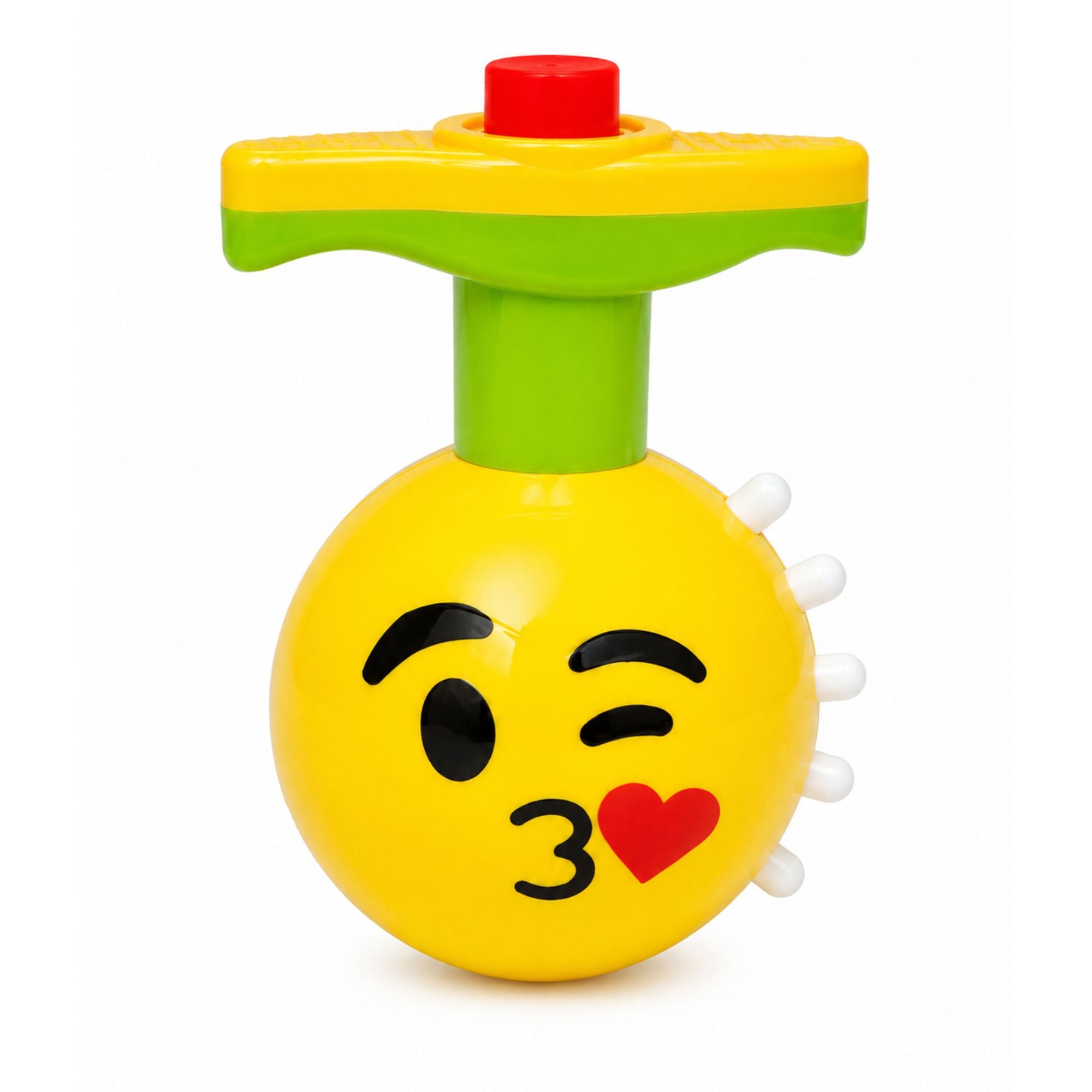 A yellow winking kissing emoji massage toy with a green neck, yellow and green handle, and red button on top, shown on a white background.