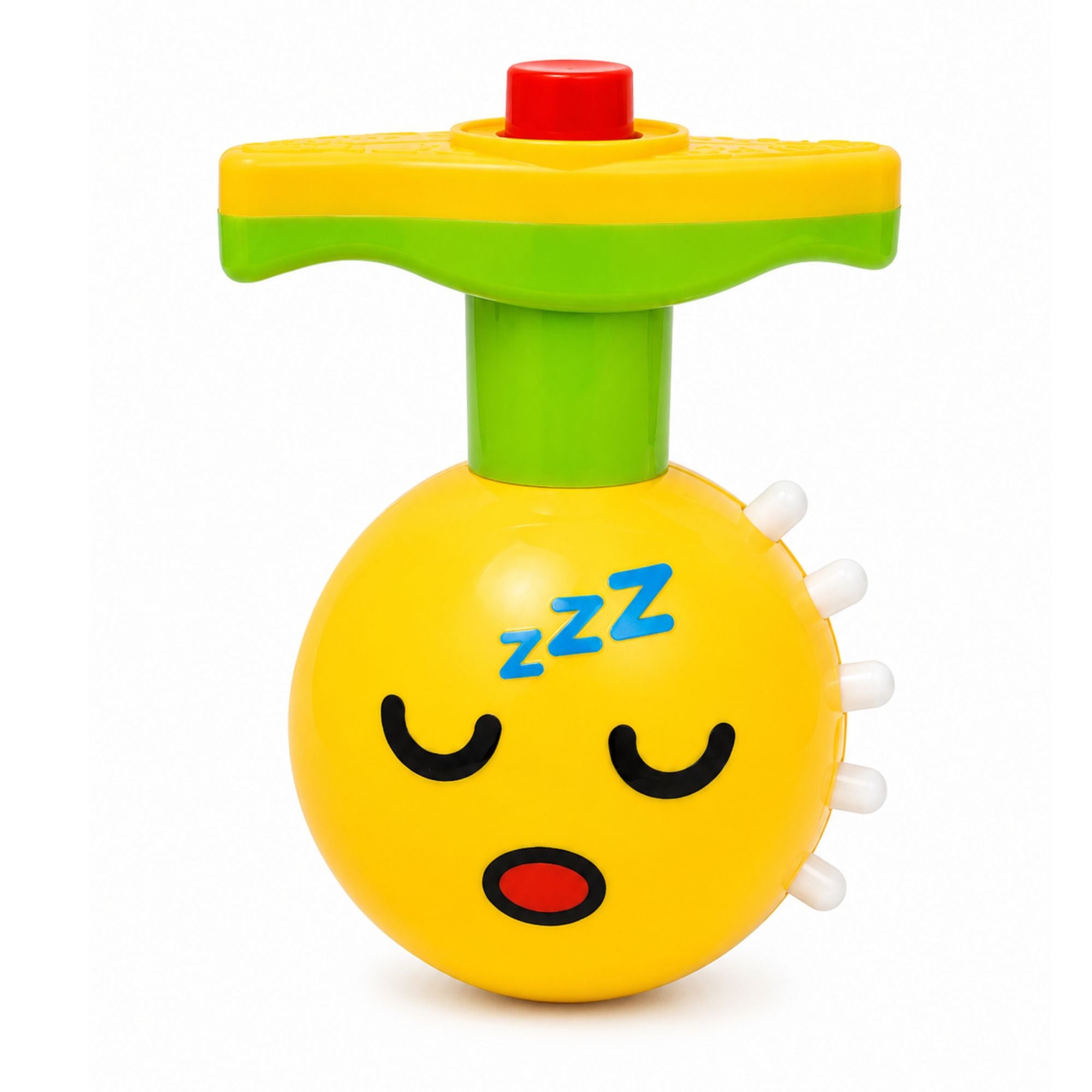 A yellow sleeping fruit-shaped baby toy with a green stem, yellow top, red button, blue 'zzz' text, and white spiky details, shown on a white background.