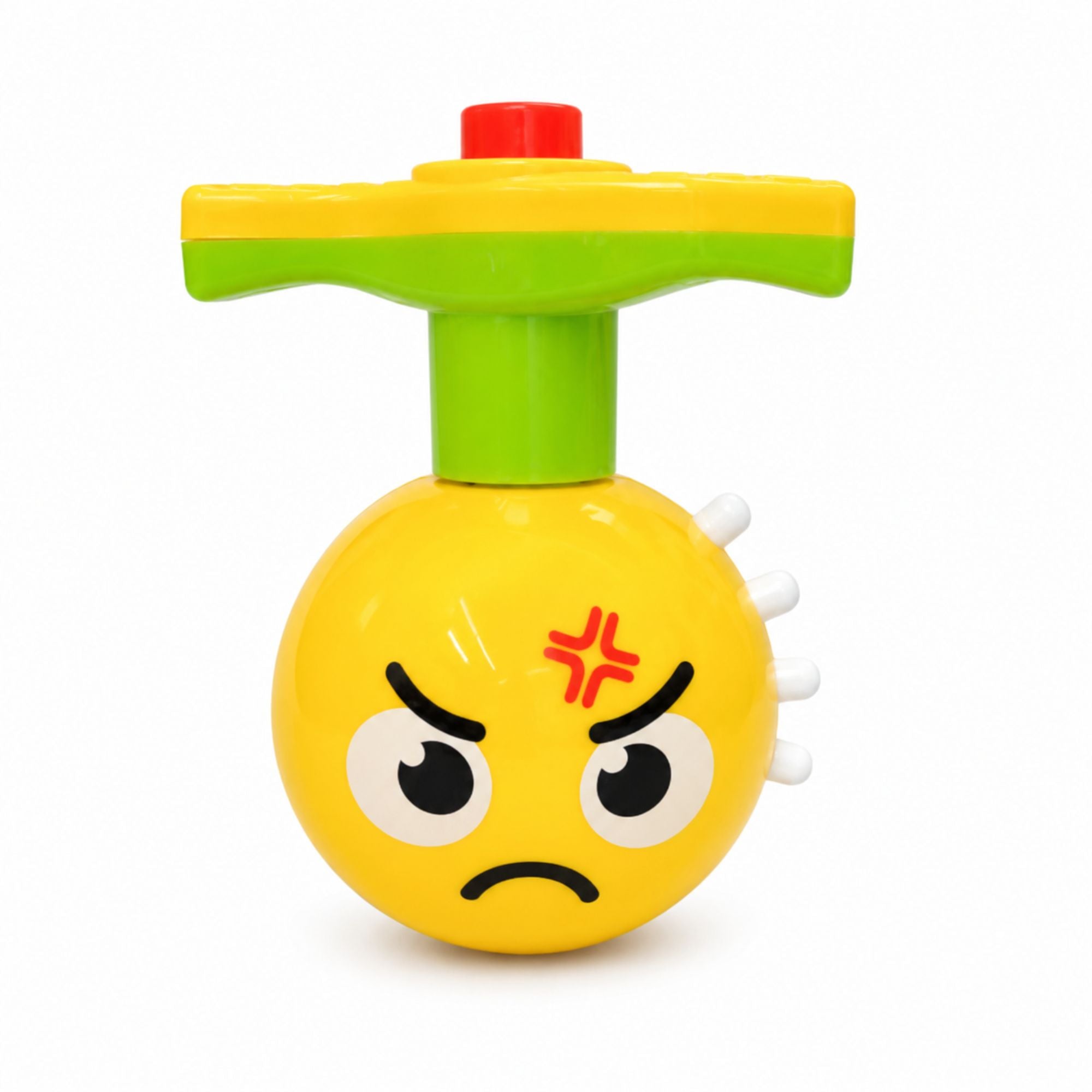 A yellow angry face toy with a green neck, a yellow and green handle, and a red top button, shown on a white background.