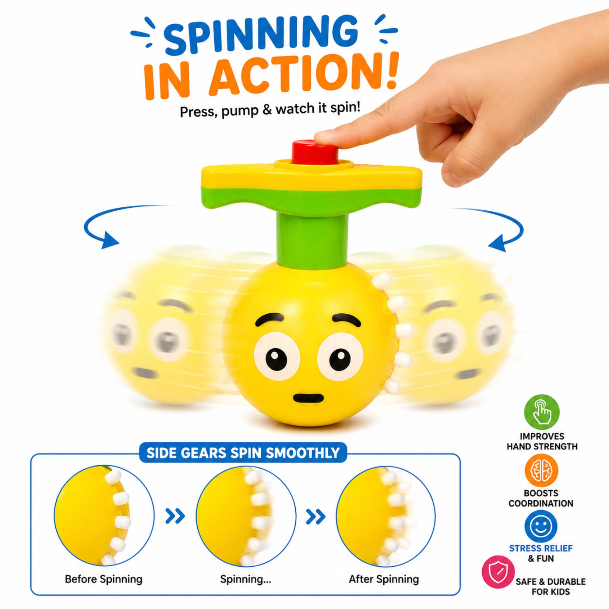 A yellow and green toy wheel with a face and small white teeth, shown being pressed by a human hand on a white background. The image includes marketing text, motion arrows, side-gear explanation diagrams, and feature icons.