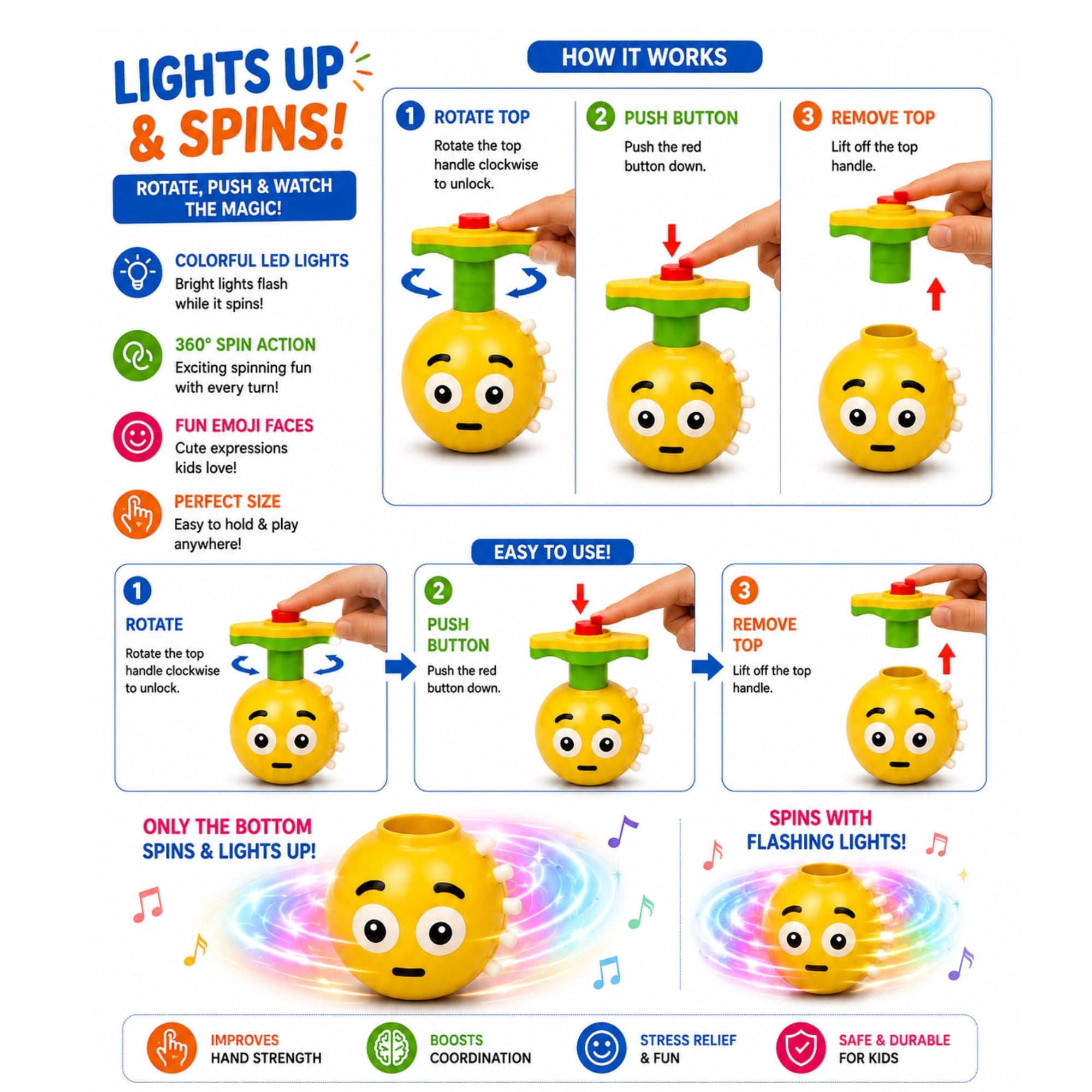 An instructional product graphic for a yellow spinning toy with LED lights and a green top handle. The image contains step-by-step diagrams showing how to rotate, push, and lift the top handle, along with feature callouts like colorful LED lights, 360-degree spinning action, and emoji faces.