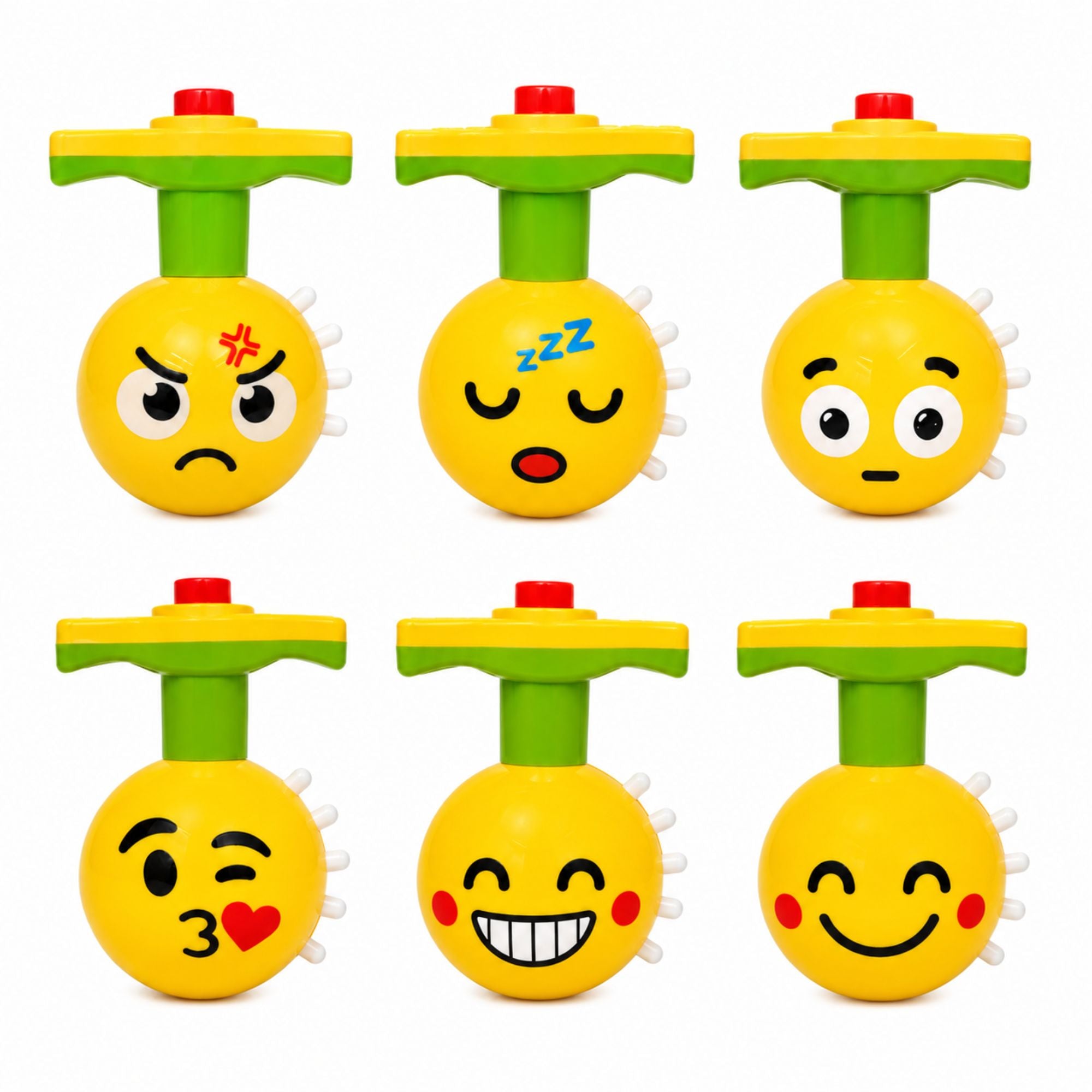Six yellow emoji-shaped toy balls arranged in two rows on a white background, each with a green stem, red top, and white spiky sides. The faces show different expressions: frowning with a star, sleeping with zzz, surprised, neutral, winking with a heart, grinning with teeth, and a simple smile.