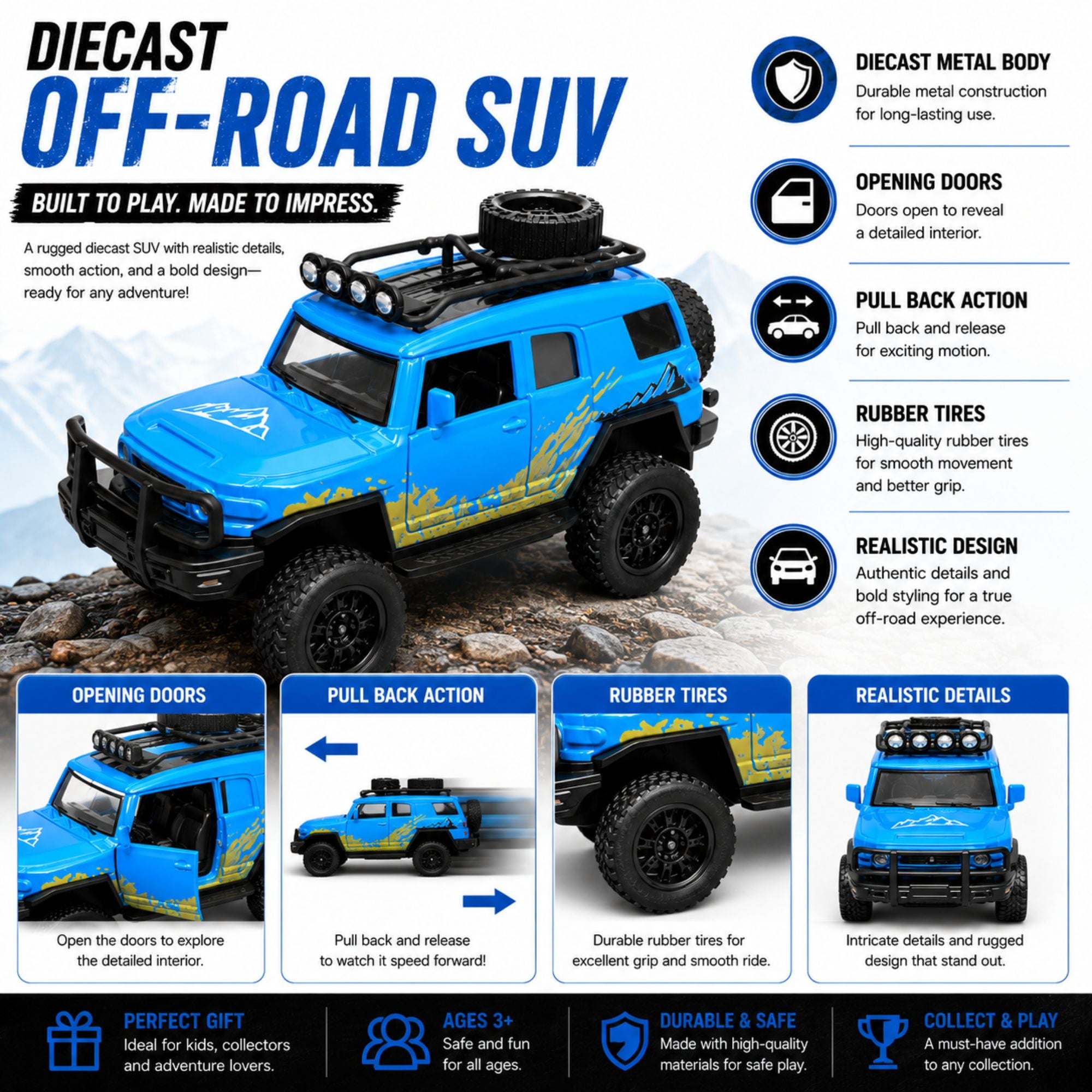 Pull Back Diecast Off Road SUV Model Toy for Kids and Collectors