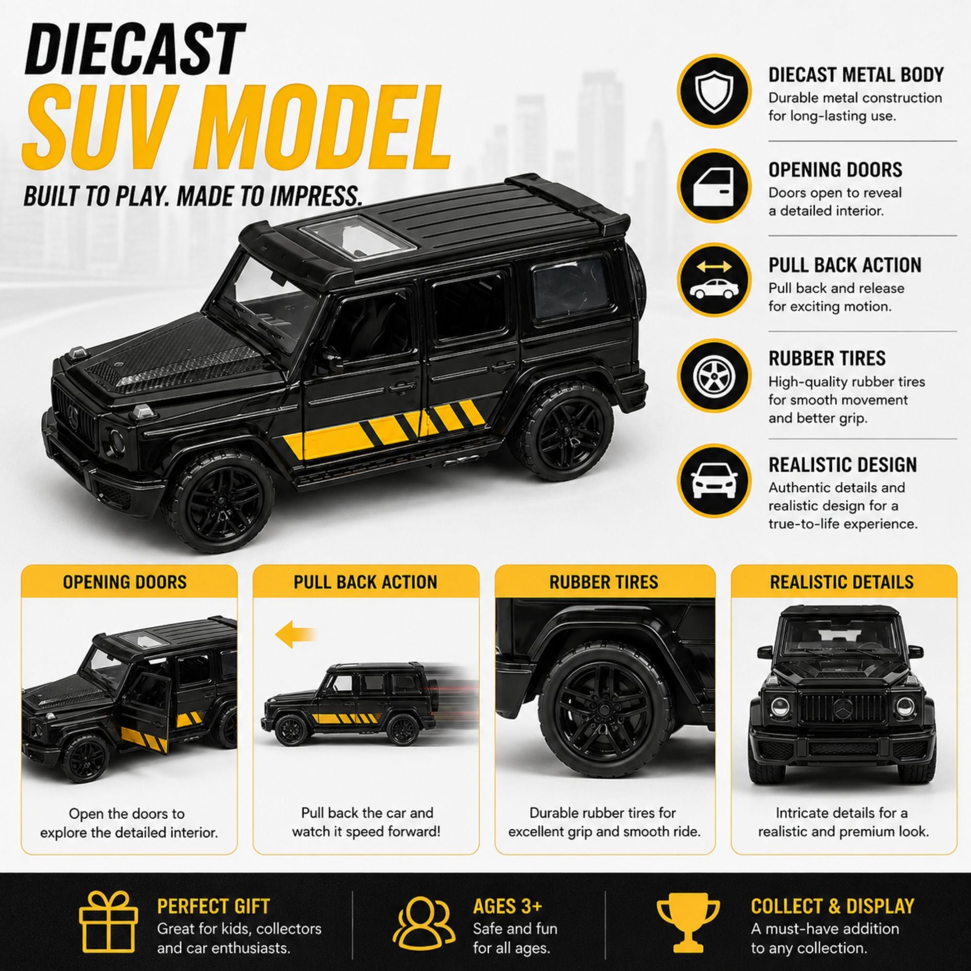 Diecast SUV Model Car with Opening Doors & Pull Back Action