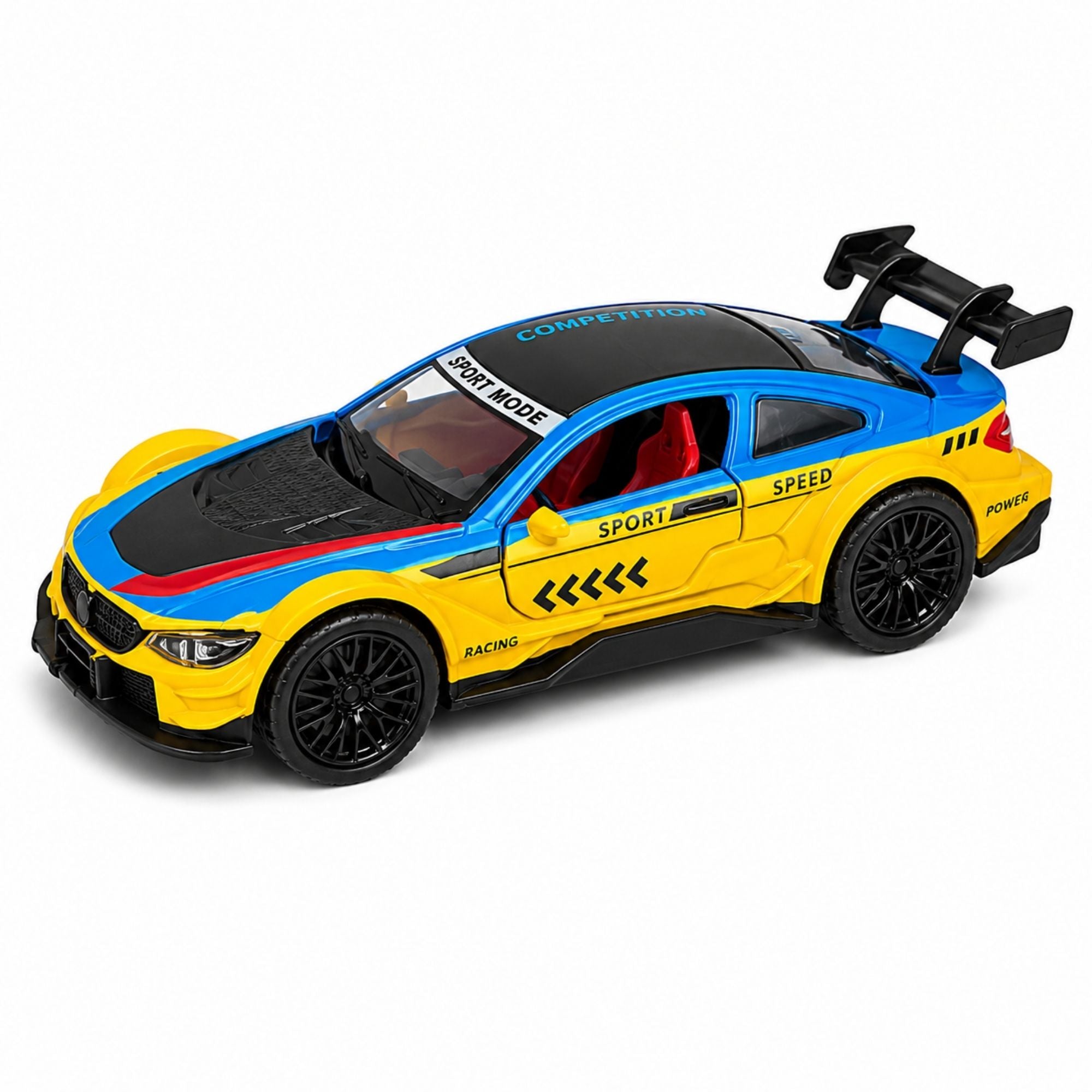 Yellow and blue racing sports car toy with pull-back action, racing graphics, openable doors, rear spoiler, detailed wheels, and sporty interior shown in a feature-focused product infographic.
