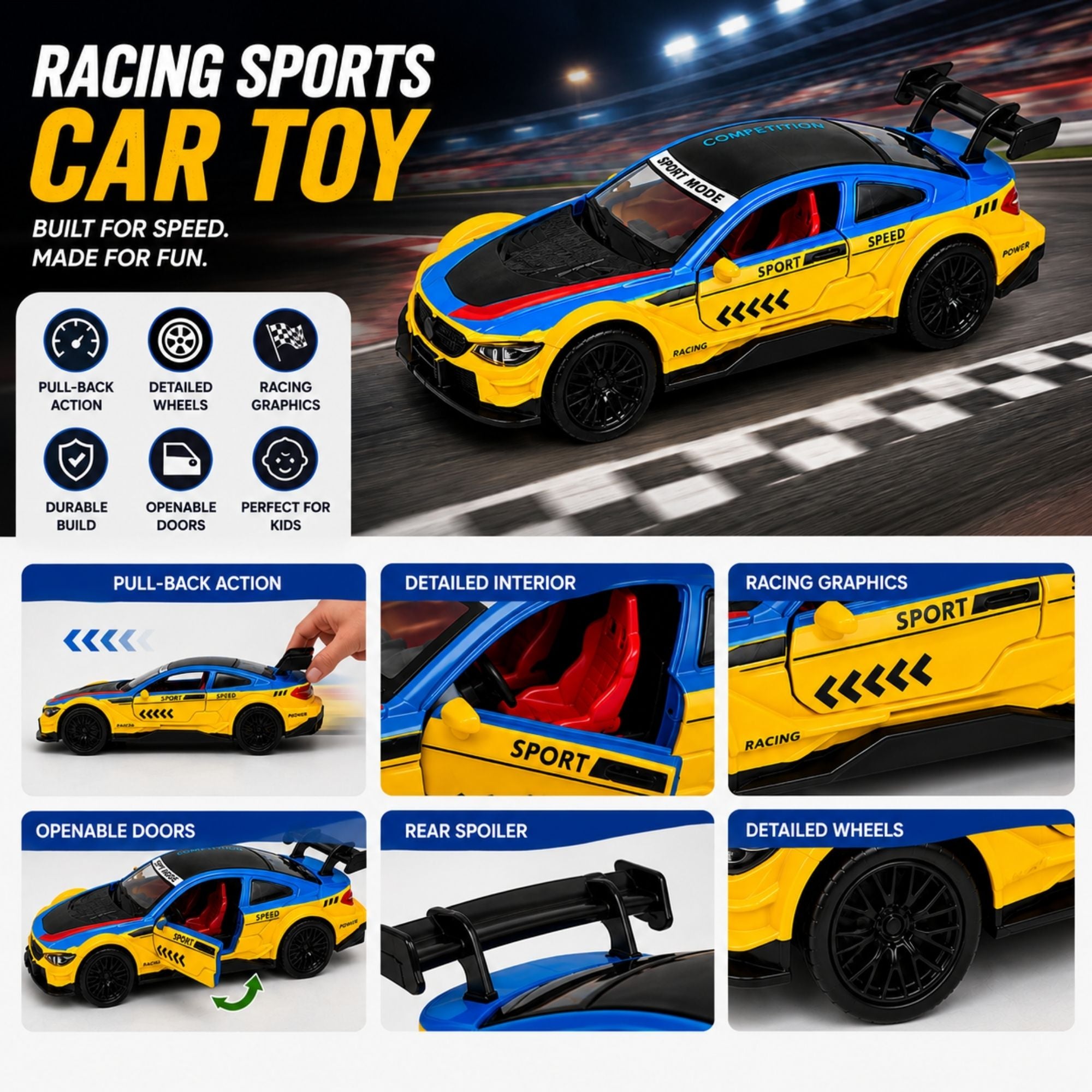 Yellow and blue racing sports car toy with pull-back action, racing graphics, openable doors, rear spoiler, detailed wheels, and sporty interior shown in a feature-focused product infographic.