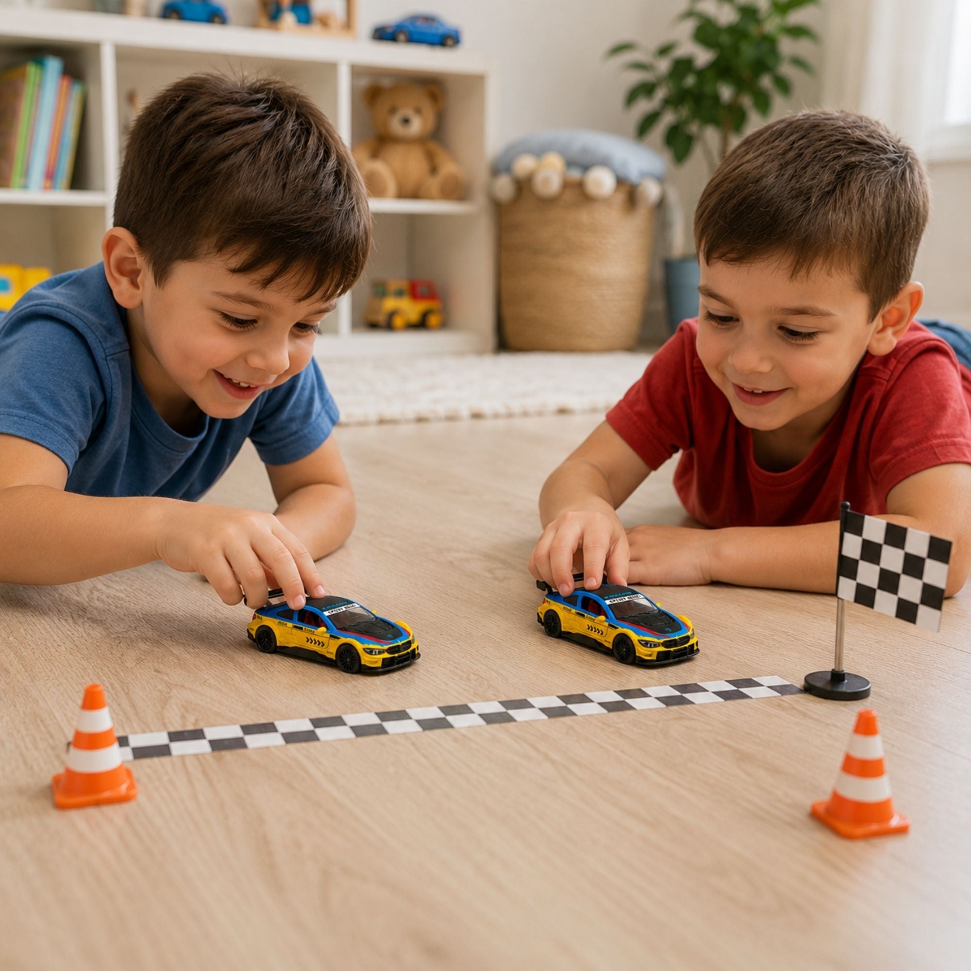 Yellow and blue racing sports car toy with pull-back action and durable build, shown with children playing in a fun indoor racing scene.