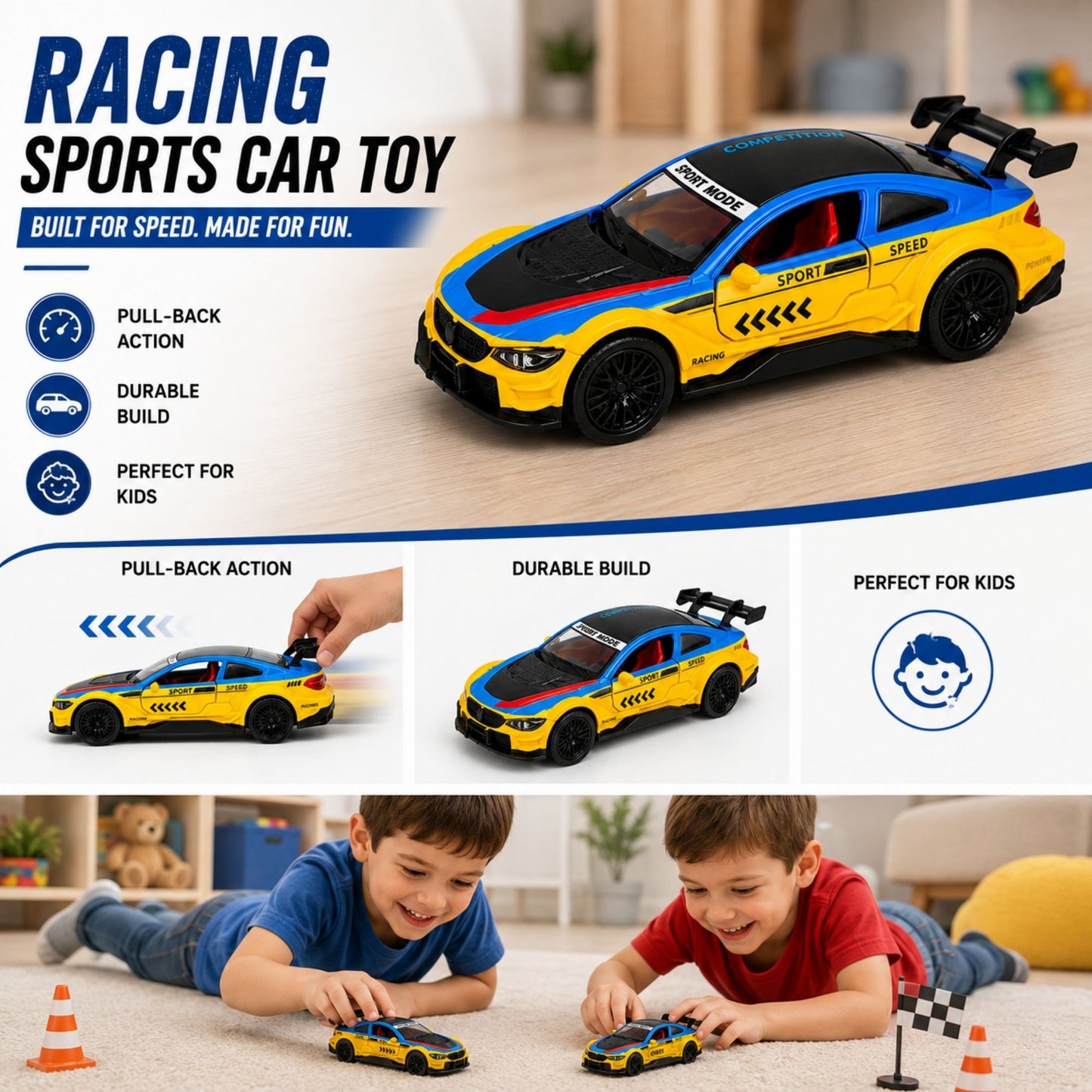 Yellow and blue racing sports car toy with pull-back action, racing graphics, openable doors, rear spoiler, detailed wheels, and sporty interior shown in a feature-focused product infographic.