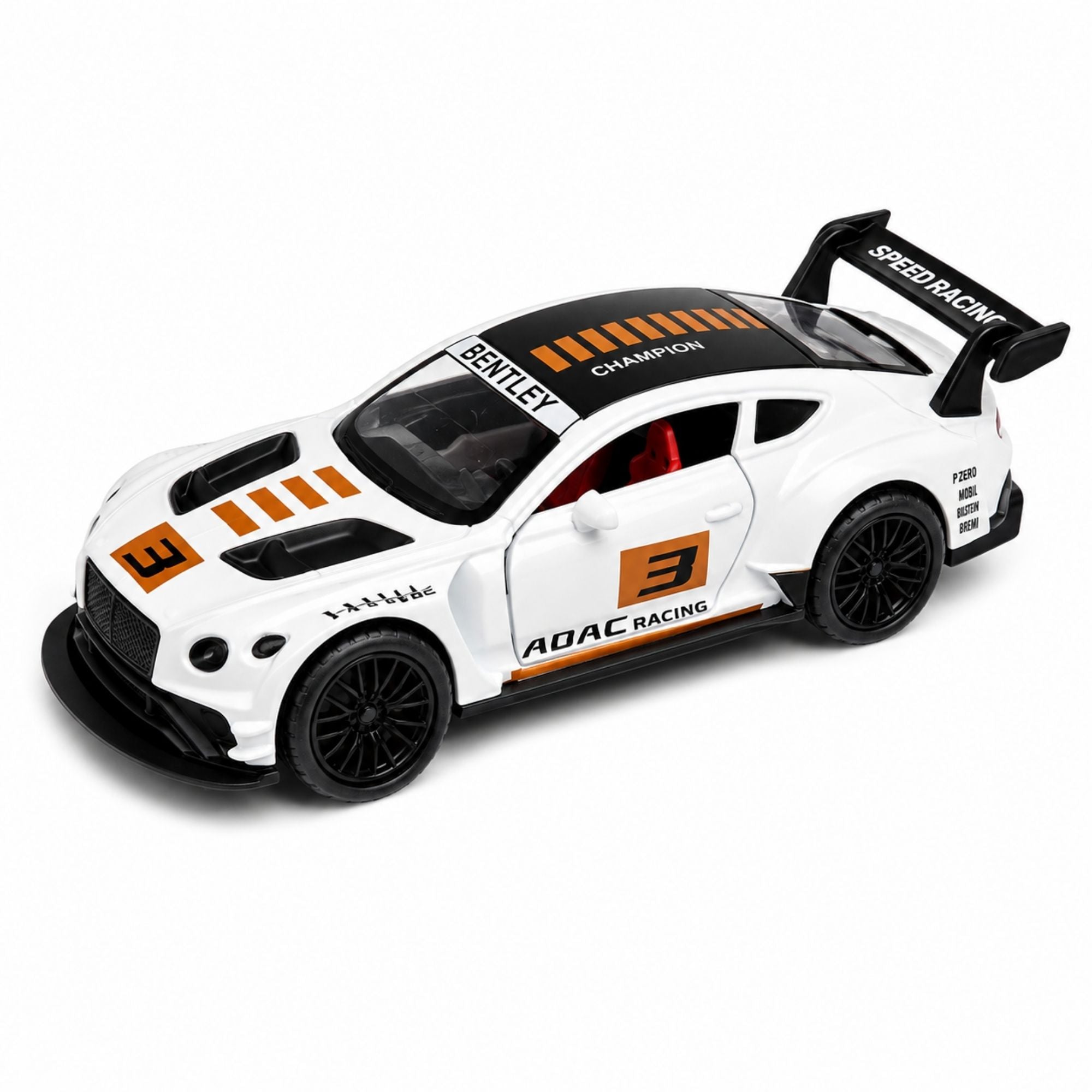 White racing sports car toy with rear spoiler, bold racing graphics, detailed black wheels, openable doors, sporty interior, and realistic design, shown with product feature details.