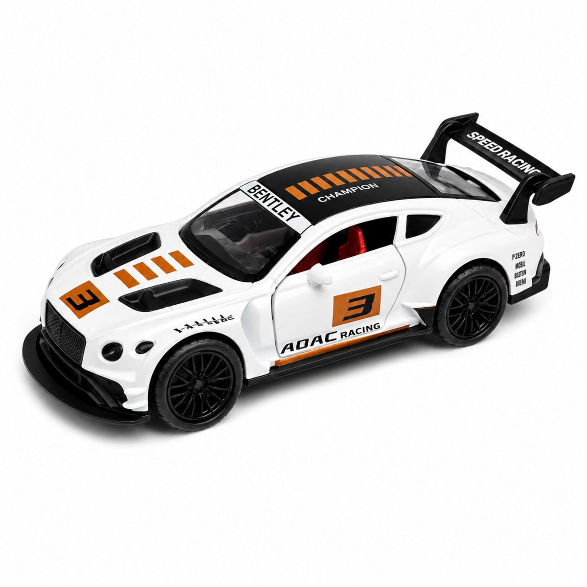 White racing sports car toy with rear spoiler, bold racing graphics, detailed black wheels, openable doors, sporty interior, and realistic design, shown with product feature details.