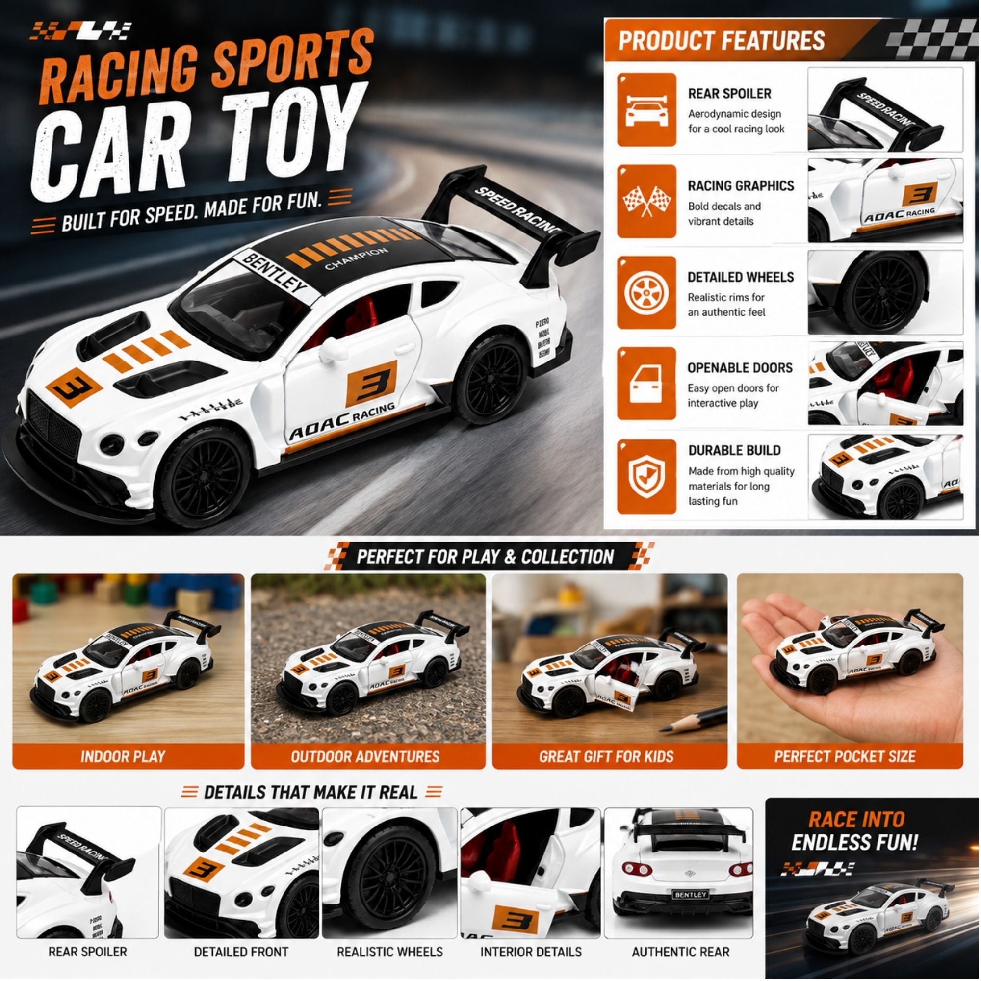 White racing sports car toy with rear spoiler, bold racing graphics, detailed black wheels, openable doors, sporty interior, and realistic design, shown with product feature details.