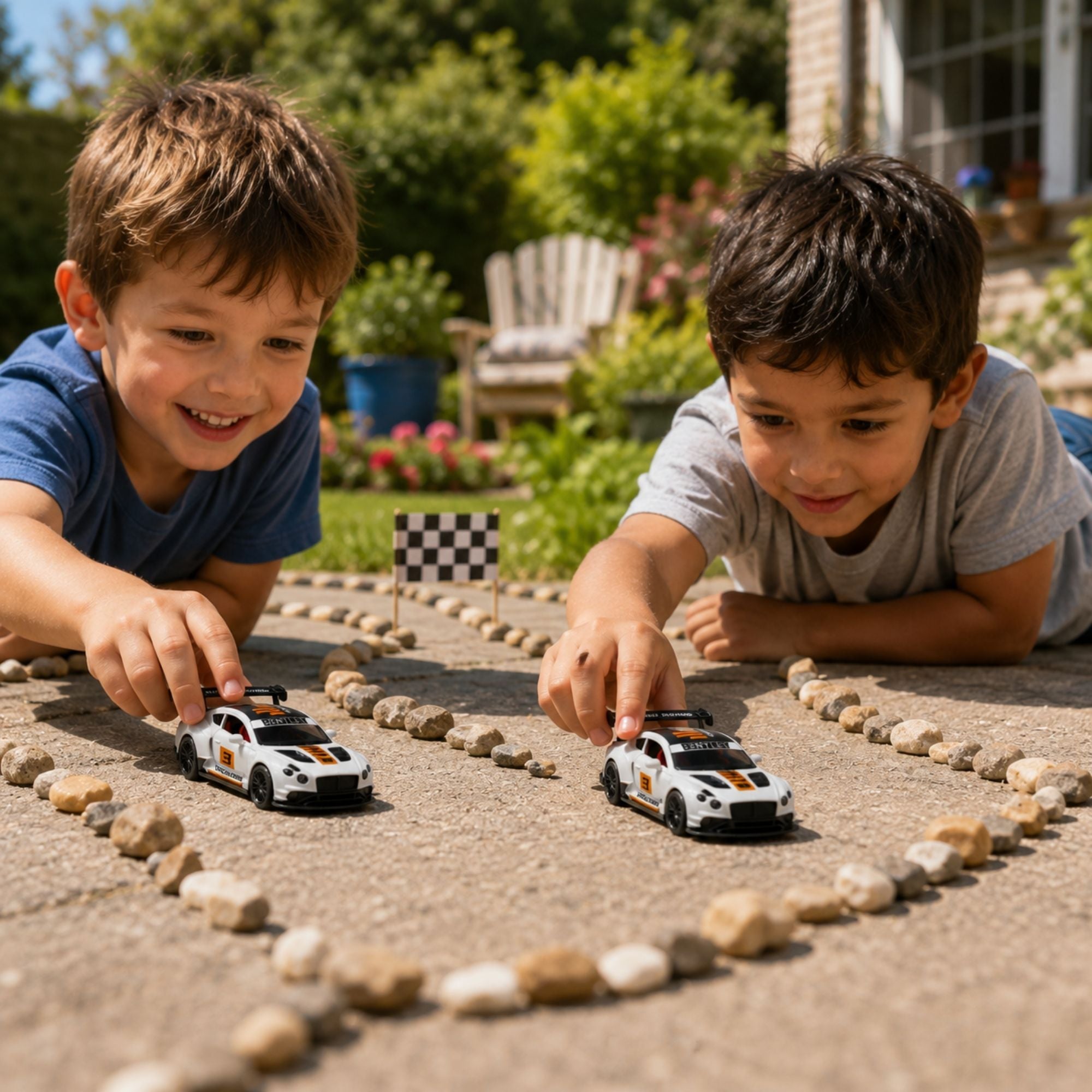 White racing sports car toy with rear spoiler, bold racing graphics, detailed black wheels, openable doors, sporty interior, and realistic design, shown with product feature details.