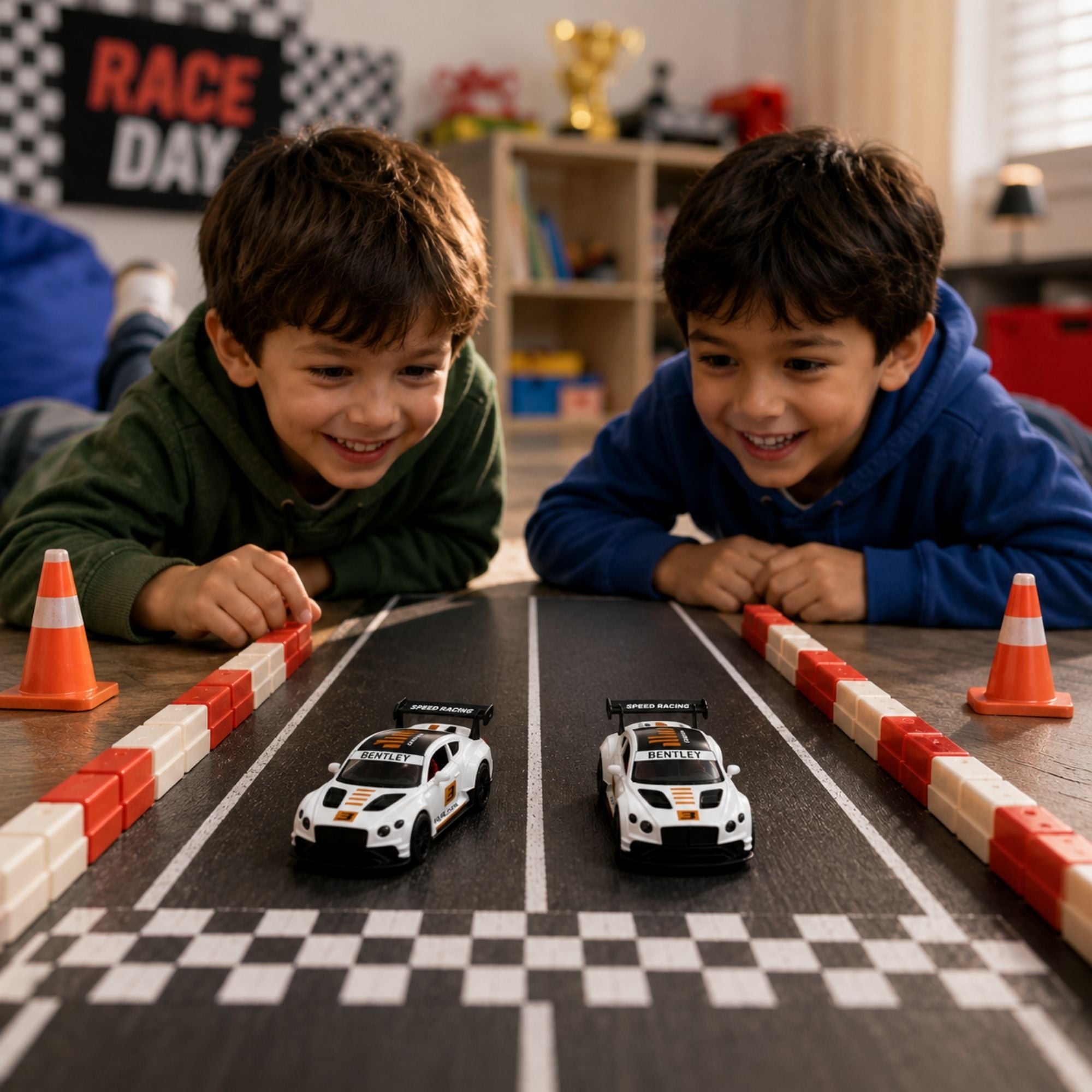 White racing sports car toy with rear spoiler, bold racing graphics, detailed black wheels, openable doors, sporty interior, and realistic design, shown with product feature details.