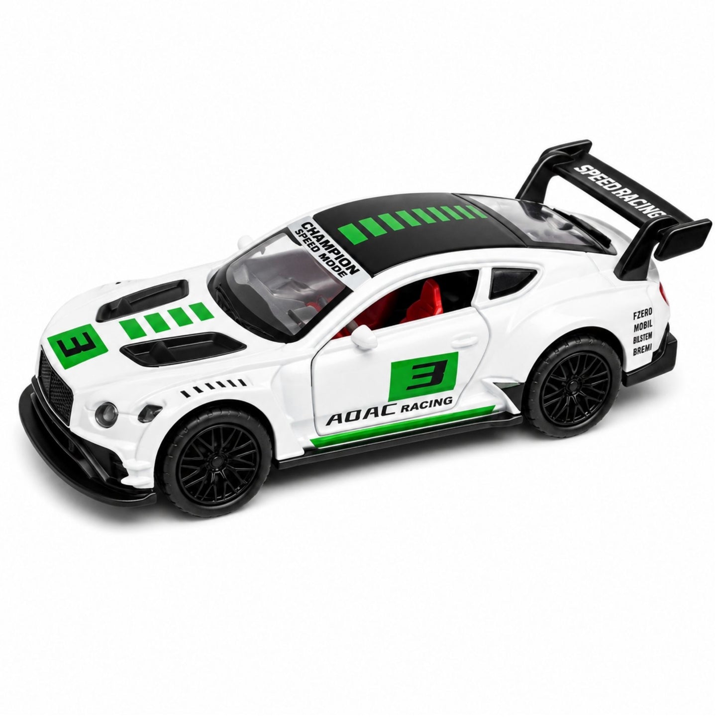 White racing sports car toy with rear spoiler, green racing graphics, detailed black wheels, pull-back action, and openable doors shown in a feature-focused product infographic.