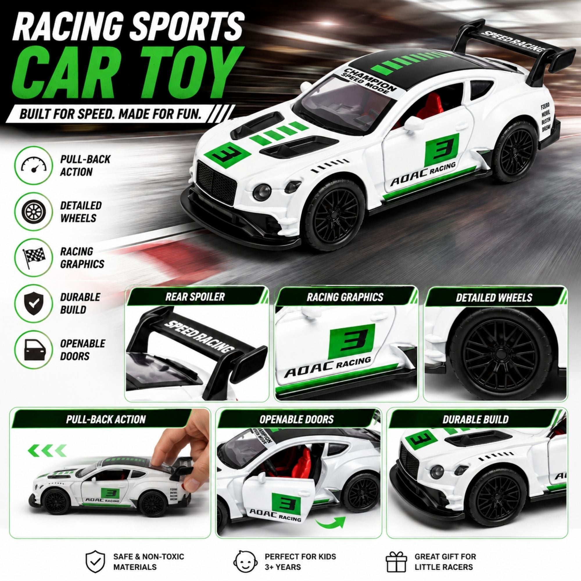 White racing sports car toy with rear spoiler, green racing graphics, detailed black wheels, pull-back action, and openable doors shown in a feature-focused product infographic.