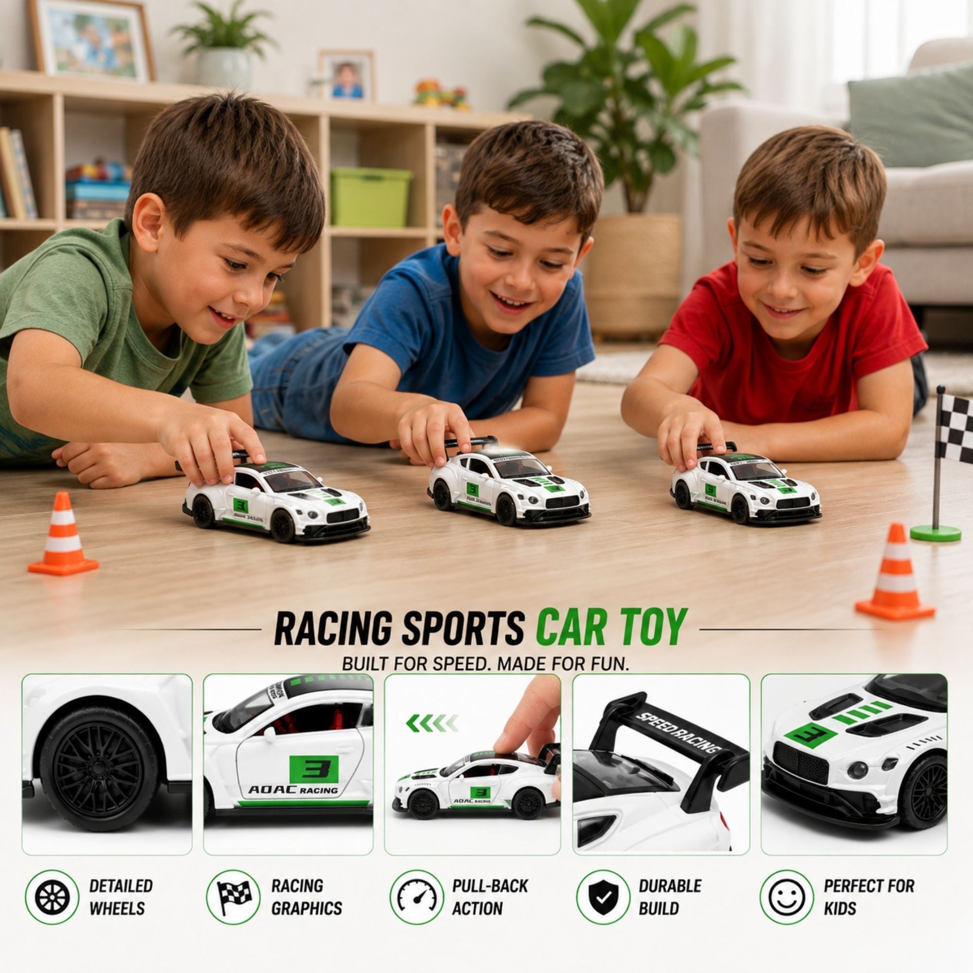 Three children playing with white and green racing sports car toys featuring rear spoilers, racing graphics, detailed wheels, and pull-back action on a living room floor.