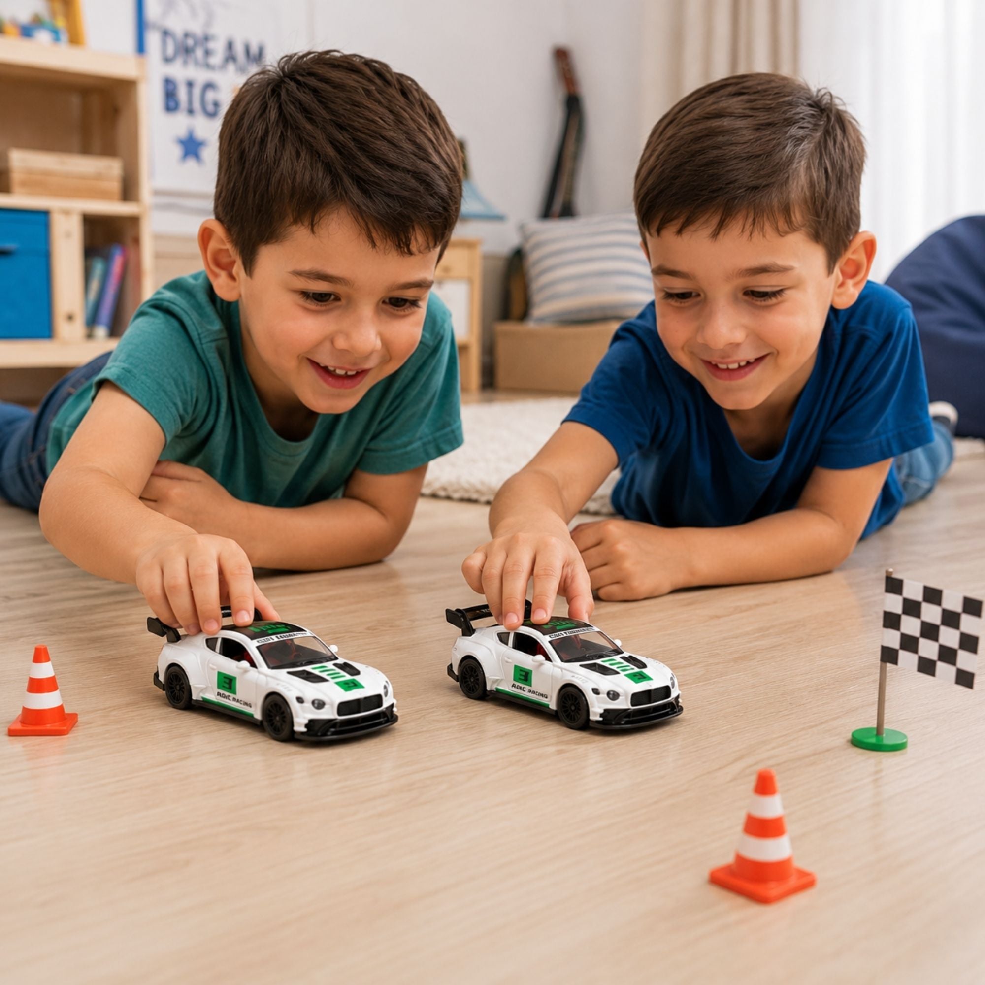 Two children playing with white and green racing sports car toys featuring rear spoilers, racing graphics, detailed wheels, and pull-back action on a wooden floor with a toy racing track.