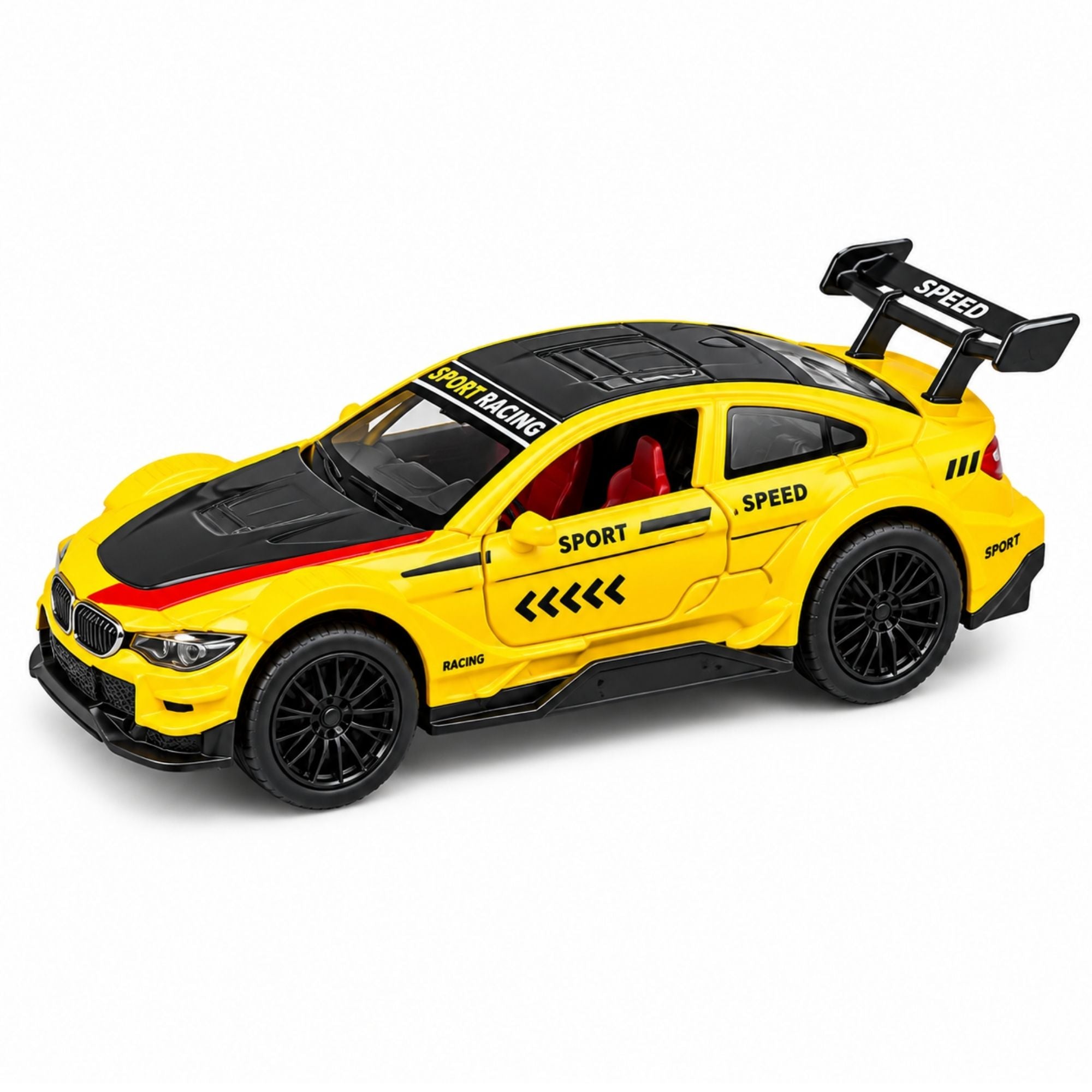 Yellow racing sports car toy with rear spoiler, racing graphics, detailed wheels, openable doors, sporty interior, pull-back action, and kids enjoying imaginative racing play outdoors.