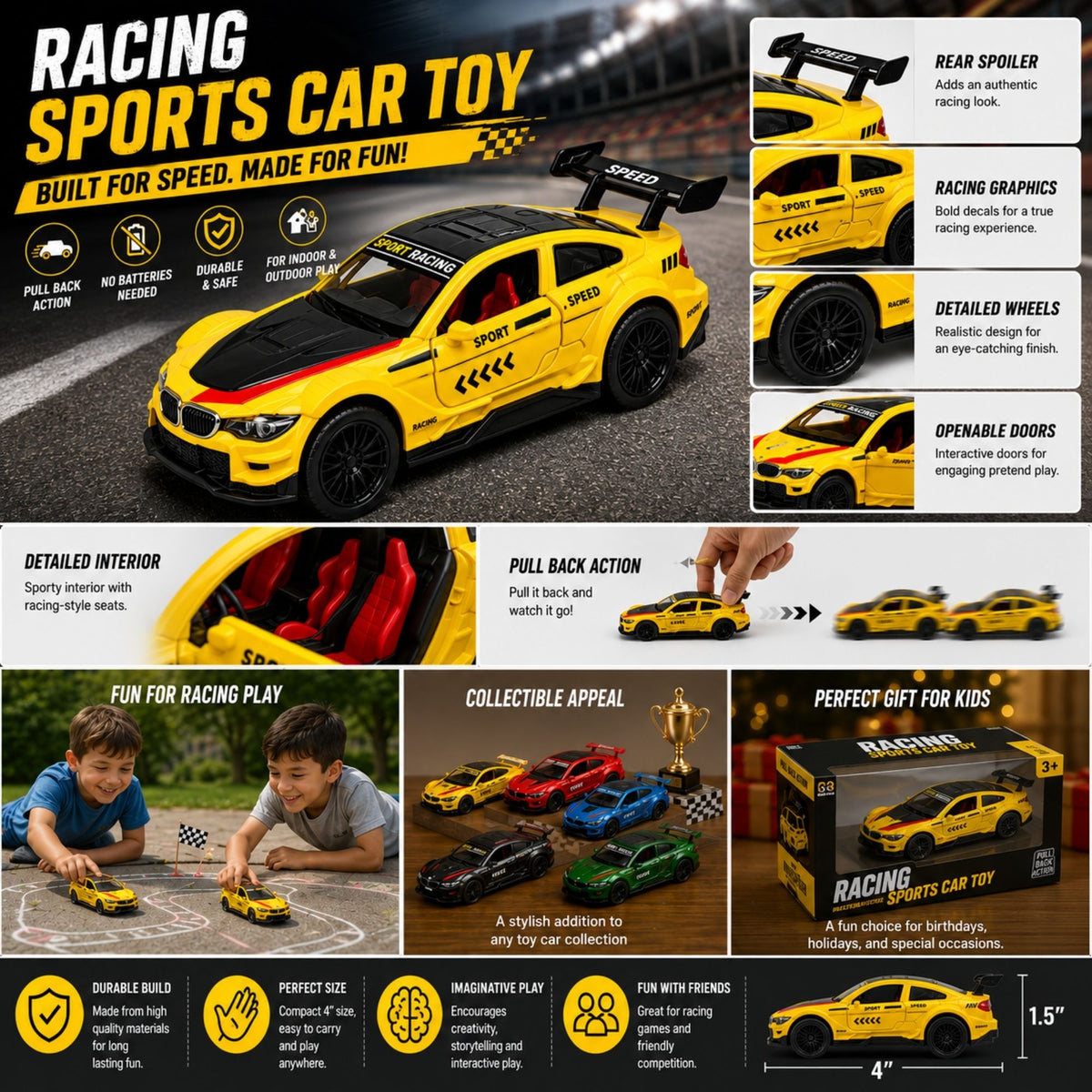 Yellow racing sports car toy with rear spoiler, racing graphics, detailed wheels, openable doors, sporty interior, pull-back action, and kids enjoying imaginative racing play outdoors.