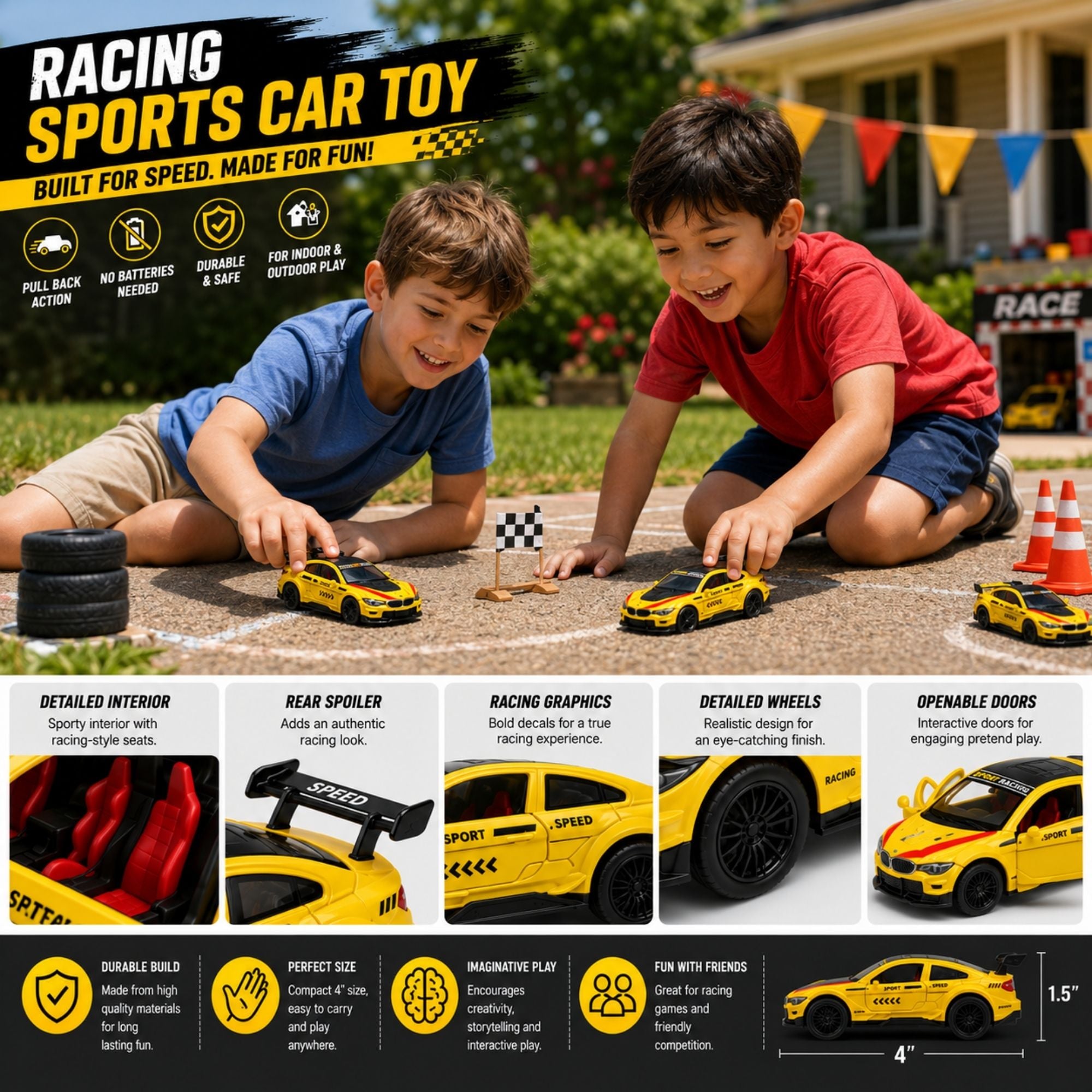 Yellow racing sports car toy with rear spoiler, racing graphics, detailed wheels, openable doors, sporty interior, pull-back action, and kids enjoying imaginative racing play outdoors.