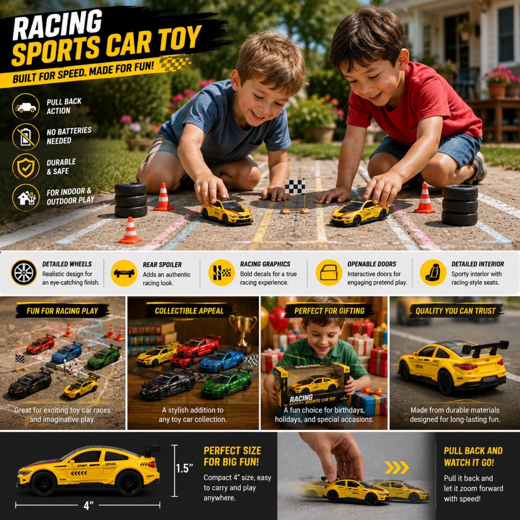 Yellow racing sports car toy with rear spoiler, racing graphics, detailed wheels, openable doors, sporty interior, pull-back action, and kids enjoying imaginative racing play outdoors.