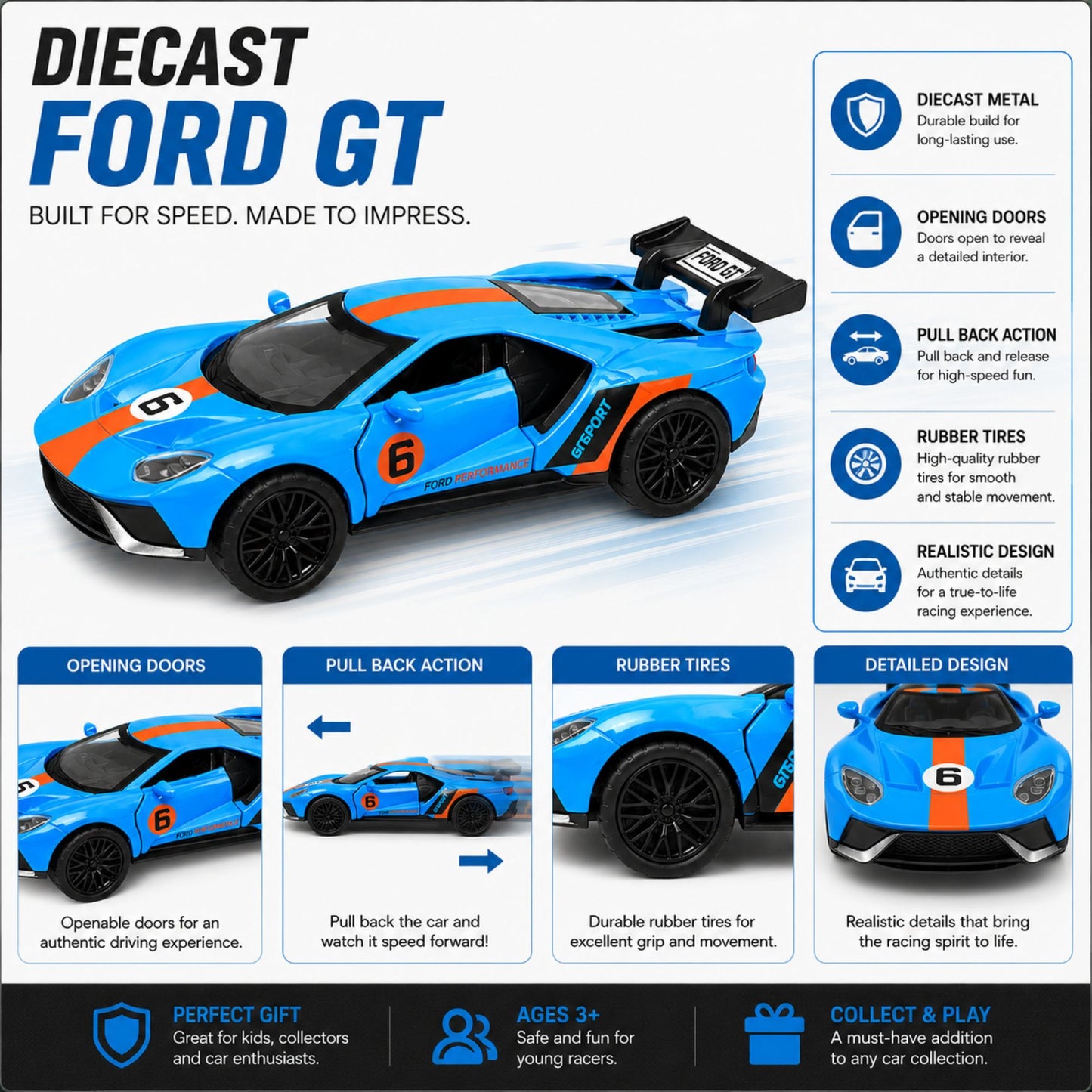 Sports Car Diecast Toy with Opening Doors and Pull Back Drive