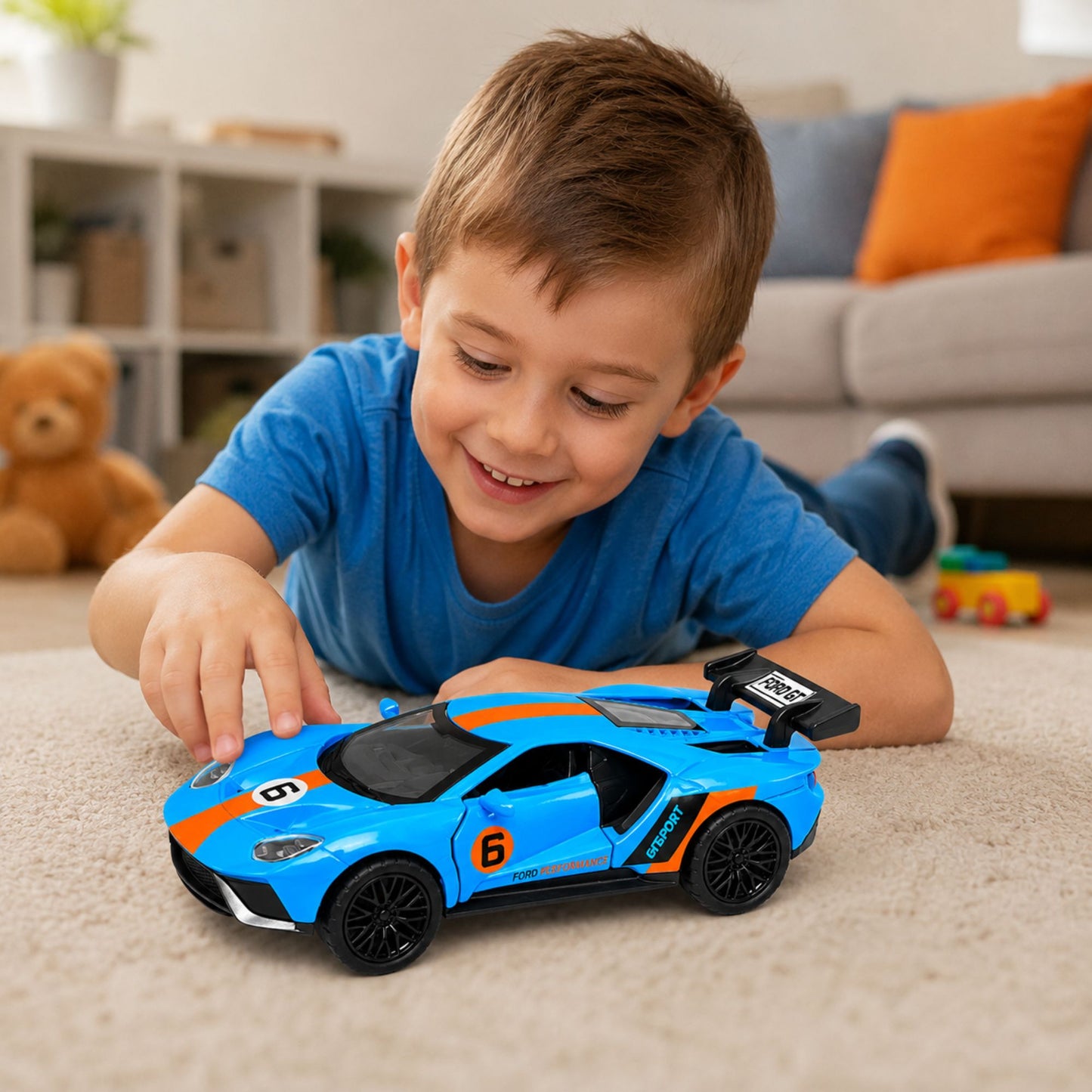 Diecast Sports Racing Car Toy with Opening Doors and Pull Back