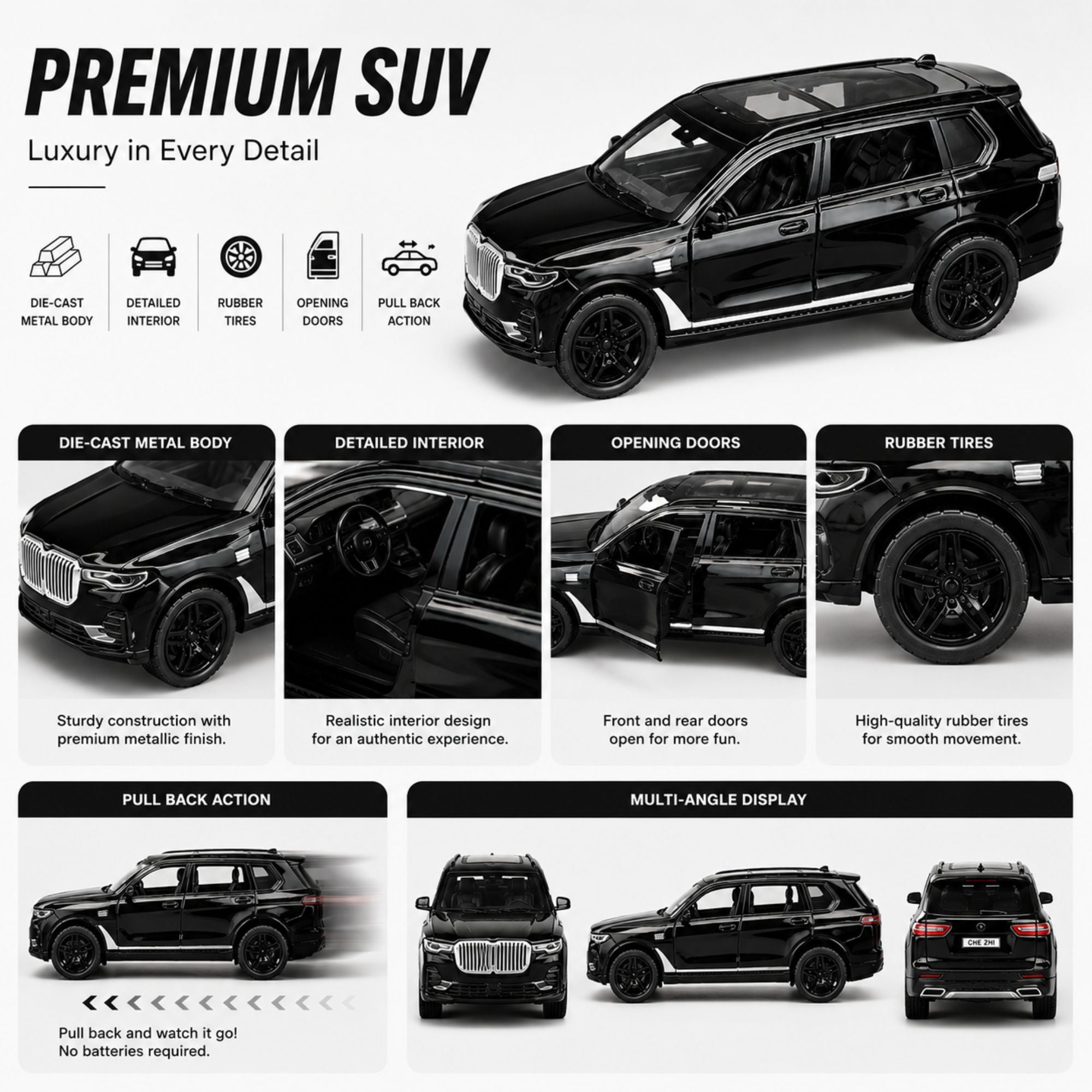 Pull Back Die Cast SUV Toy Car with Detailed Interior & Opening Doors